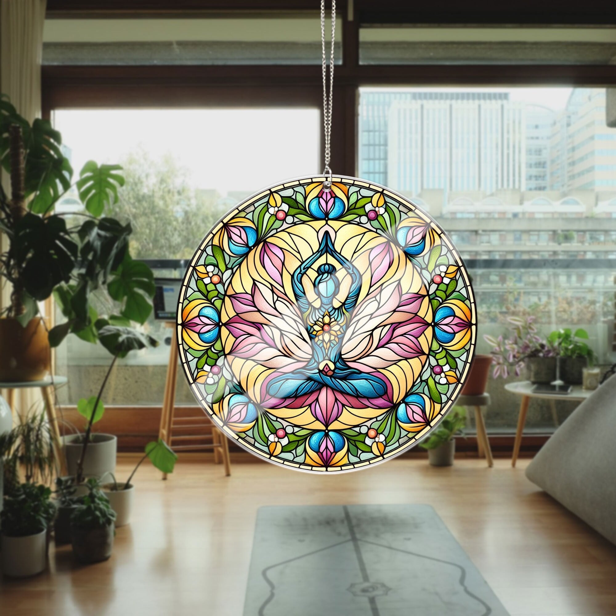 Yoga Acrylic Window Hangings, Yoga Stained Glass Inspired Art, Namaste Faux Stained Glass, Yoga Class Stained Glass Decor, Yoga Lovers Gift