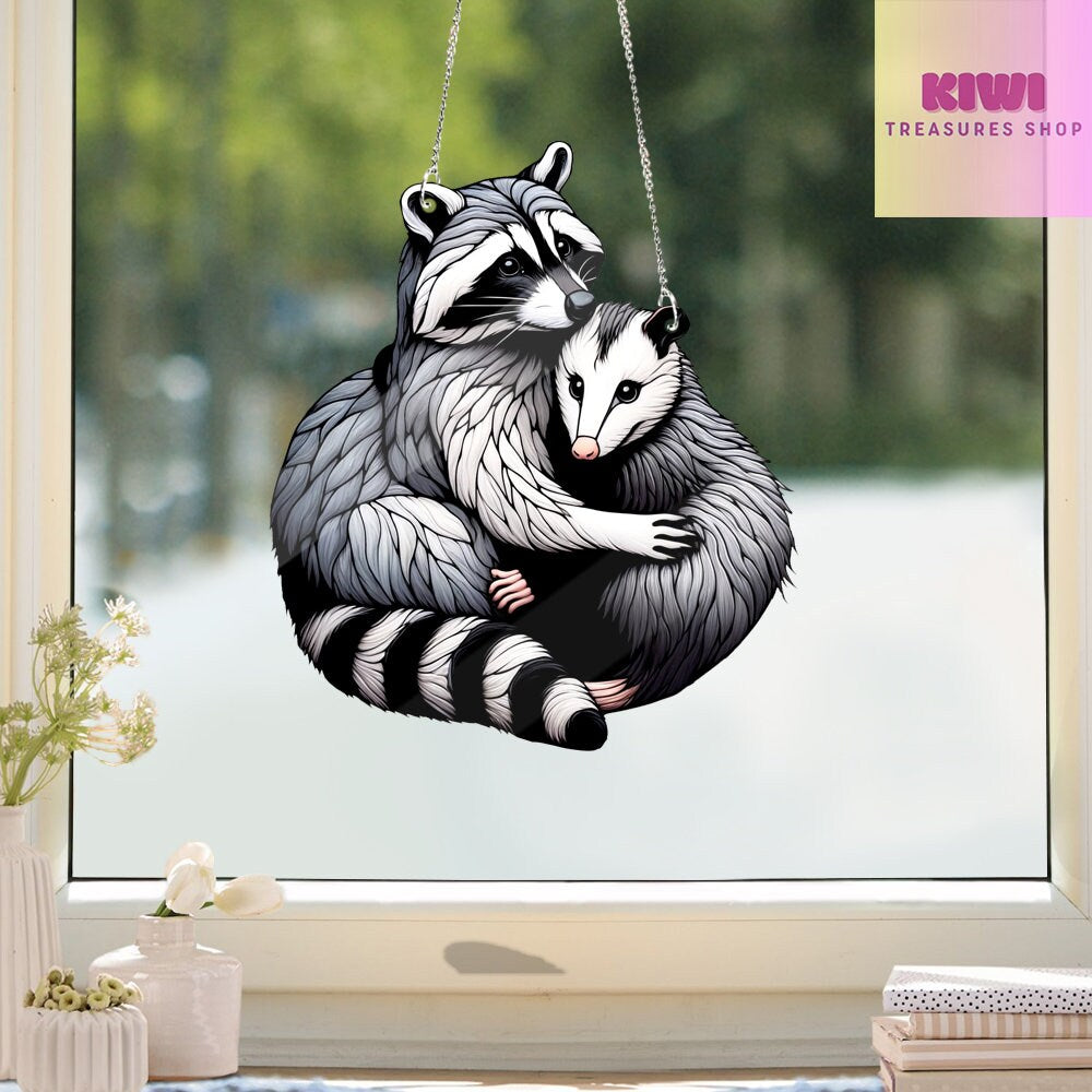 ACRYLIC Raccoon Hugging Opossum Window Hanging, Eat Trash, Stay Trasy, Possum lovers gift, Animal Decor, Mother's day gift
