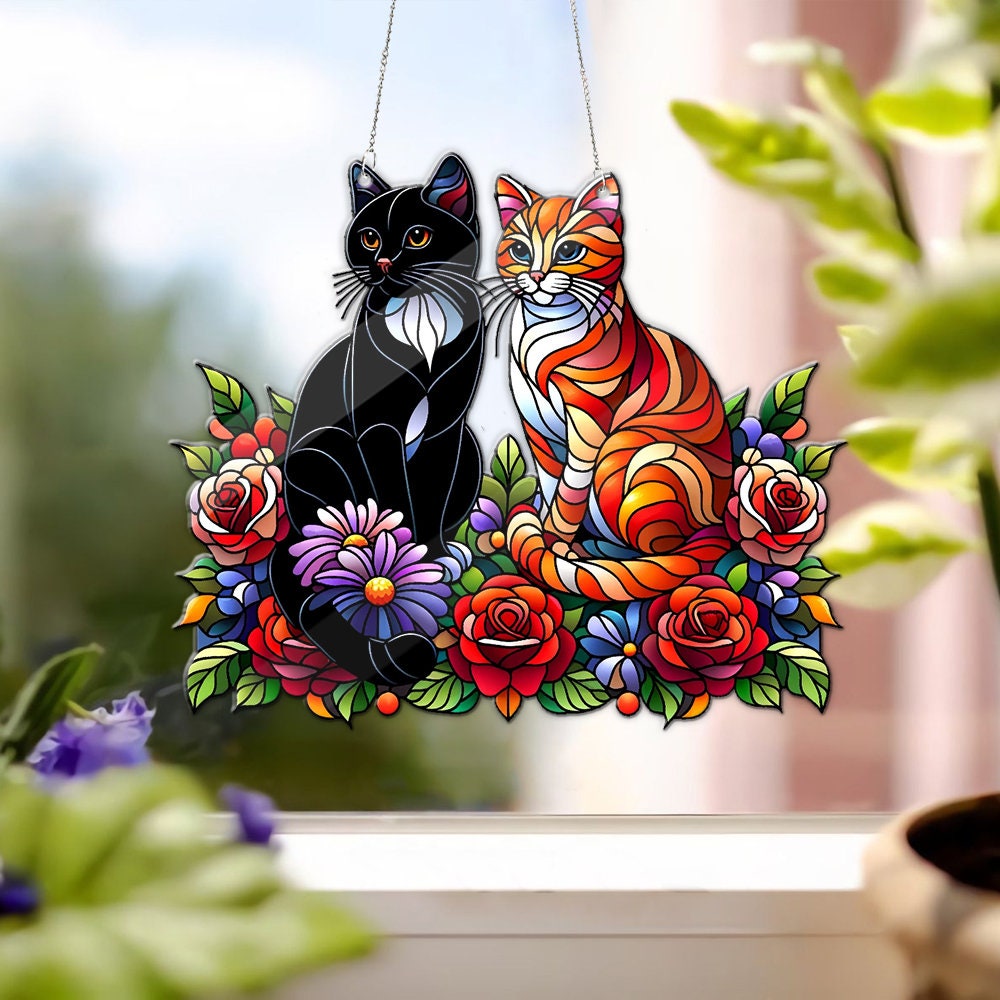 Personalized Cat Faux Stained Glass, Cat Flowers ACRYLIC Wall Window Hanging Art Decoration, Cat Home Decor, Gift For Mom, Cat Lovers