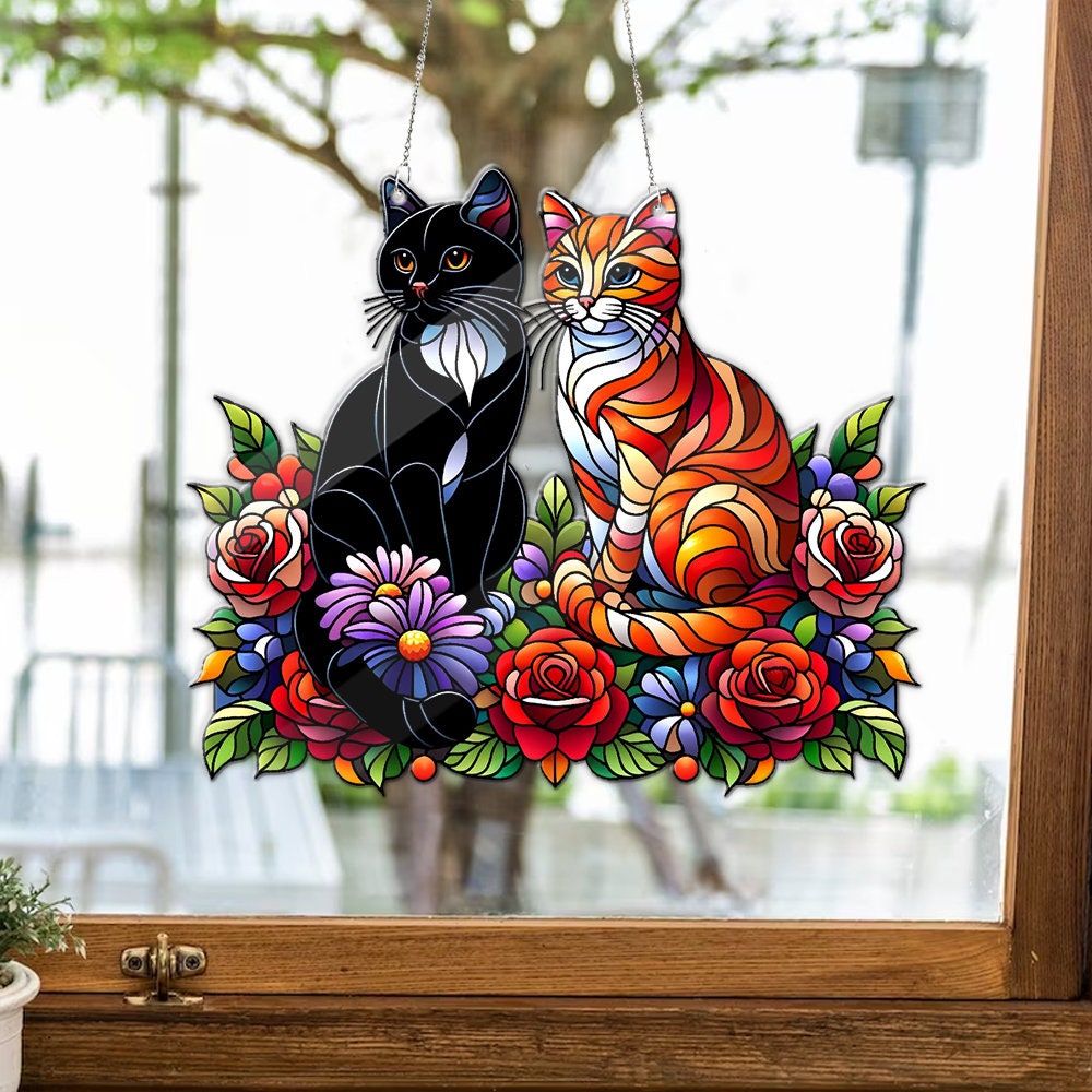 Personalized Cat Faux Stained Glass, Cat Flowers ACRYLIC Wall Window Hanging Art Decoration, Cat Home Decor, Gift For Mom, Cat Lovers