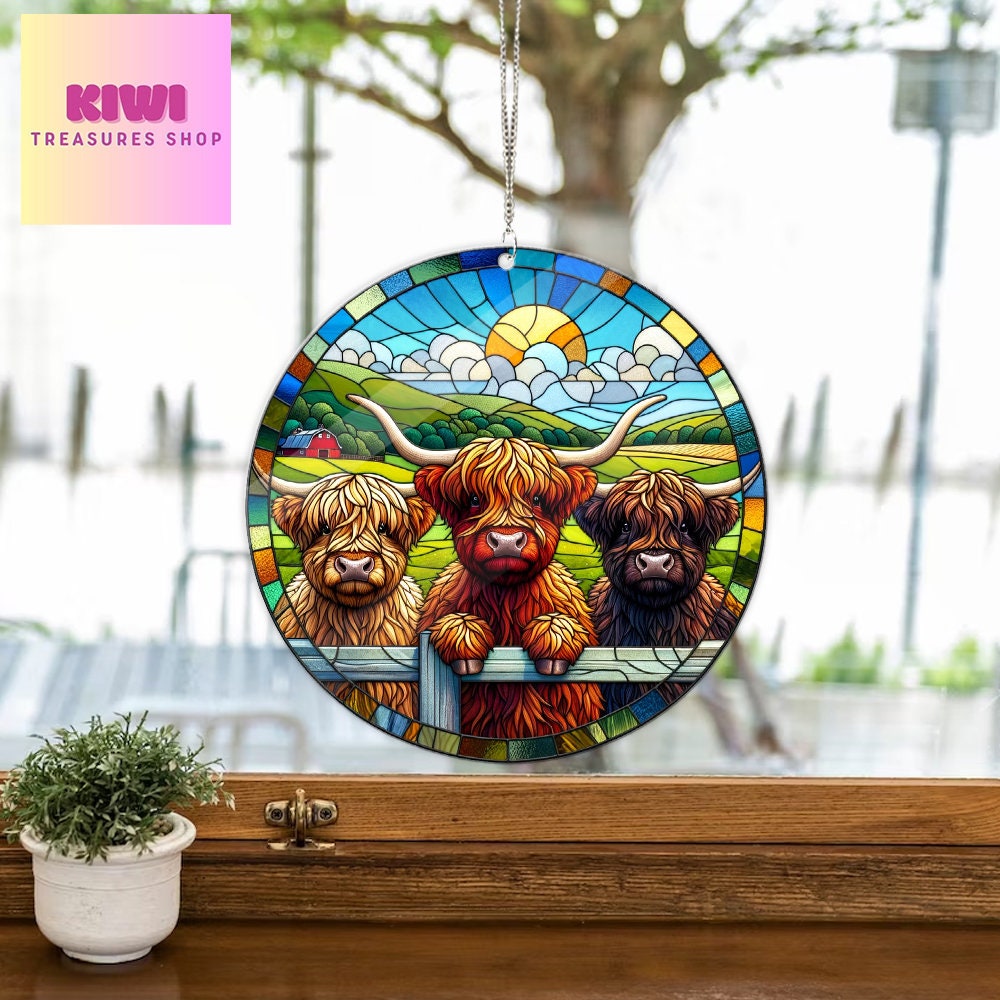 Cute 3 peeking Highland cows ACRYLIC window hanging, Farmhouse Window Hangings, Gift for farmer, Housewarming gift, not suncatcher