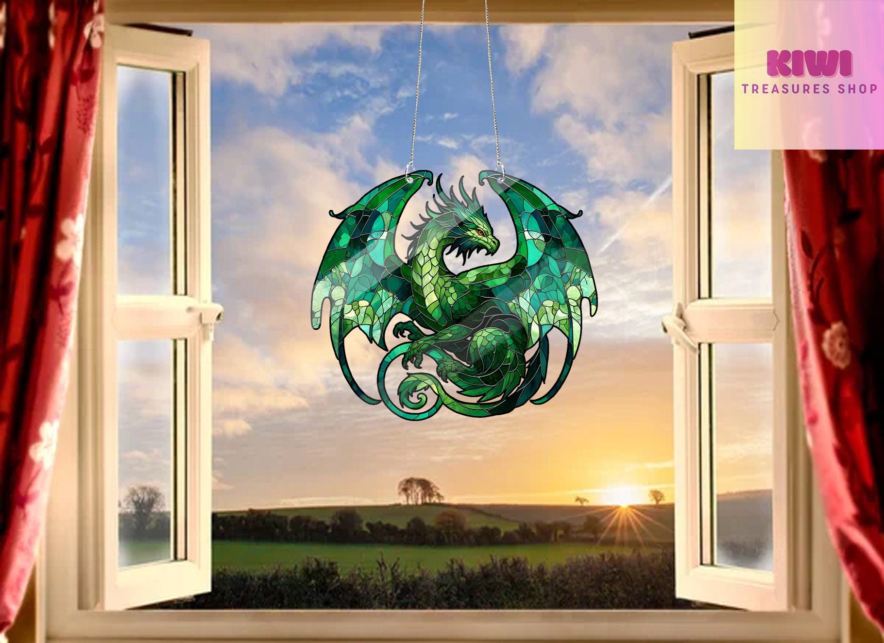 Green Dragon Acrylic Window Hangings, Dragon lovers gift, Faux Stained Glass, Home Decor, gift for kids, Dragon decor, Not suncatcher