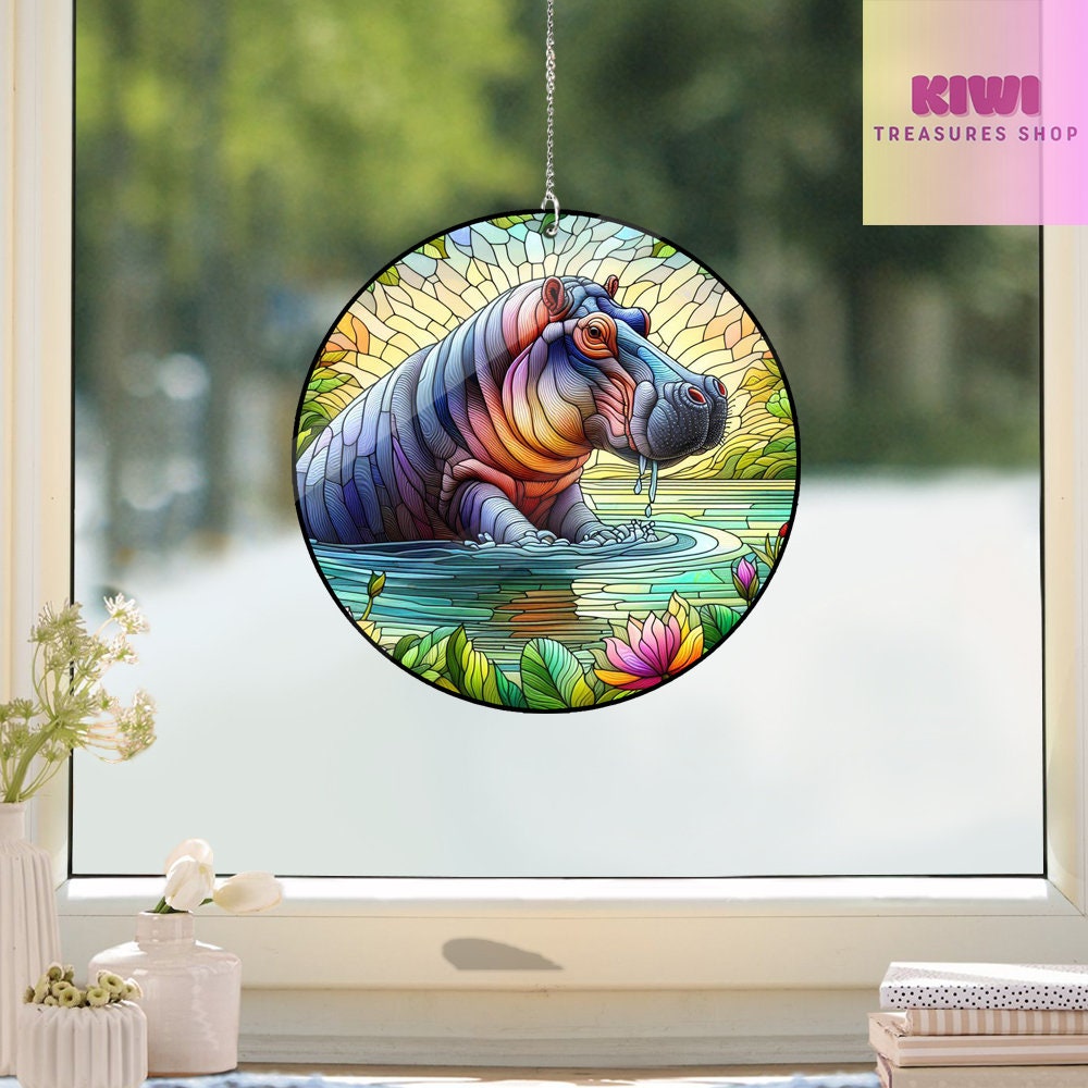 Hippopotamidae ACRYLIC Window hanging, Animal Window Hanging, Indoor Decor, Funny Hippo, Animal lover,  FAUX Stained glass