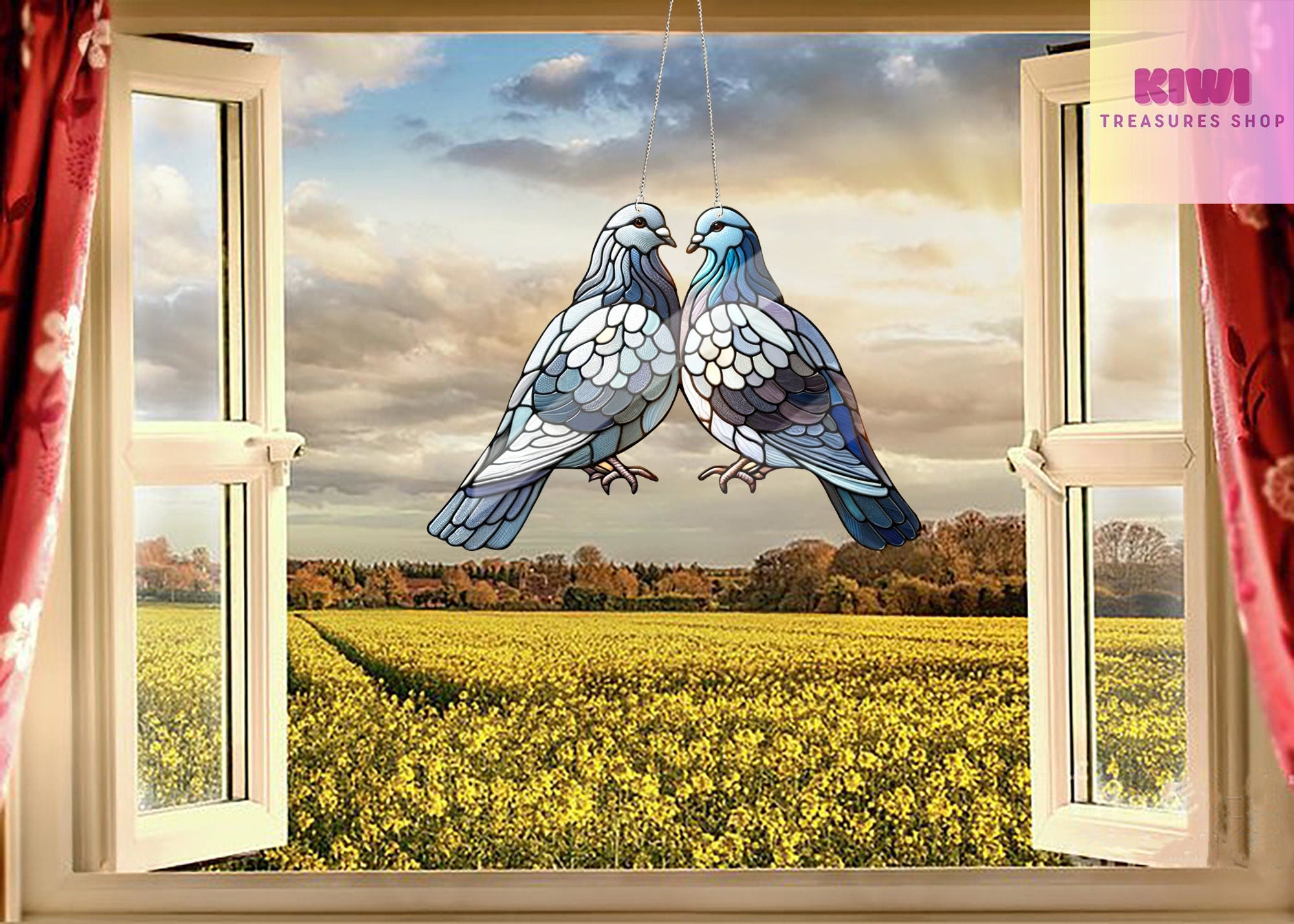 Pigeon Couple ACRYLIC window hanging, Pigeon Window Hangings, Couple gift, Anniversary gift, gift for wife, FAUX stained glass