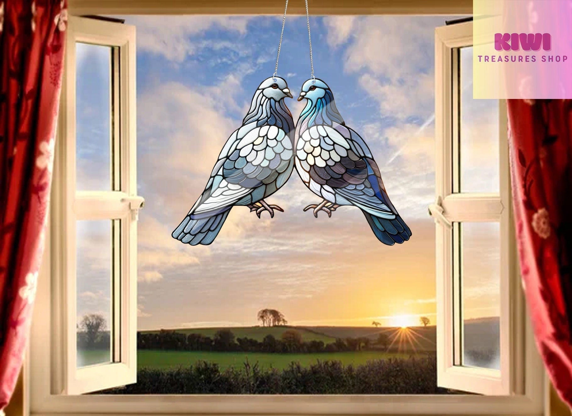 Pigeon Couple ACRYLIC window hanging, Pigeon Window Hangings, Couple gift, Anniversary gift, gift for wife, FAUX stained glass