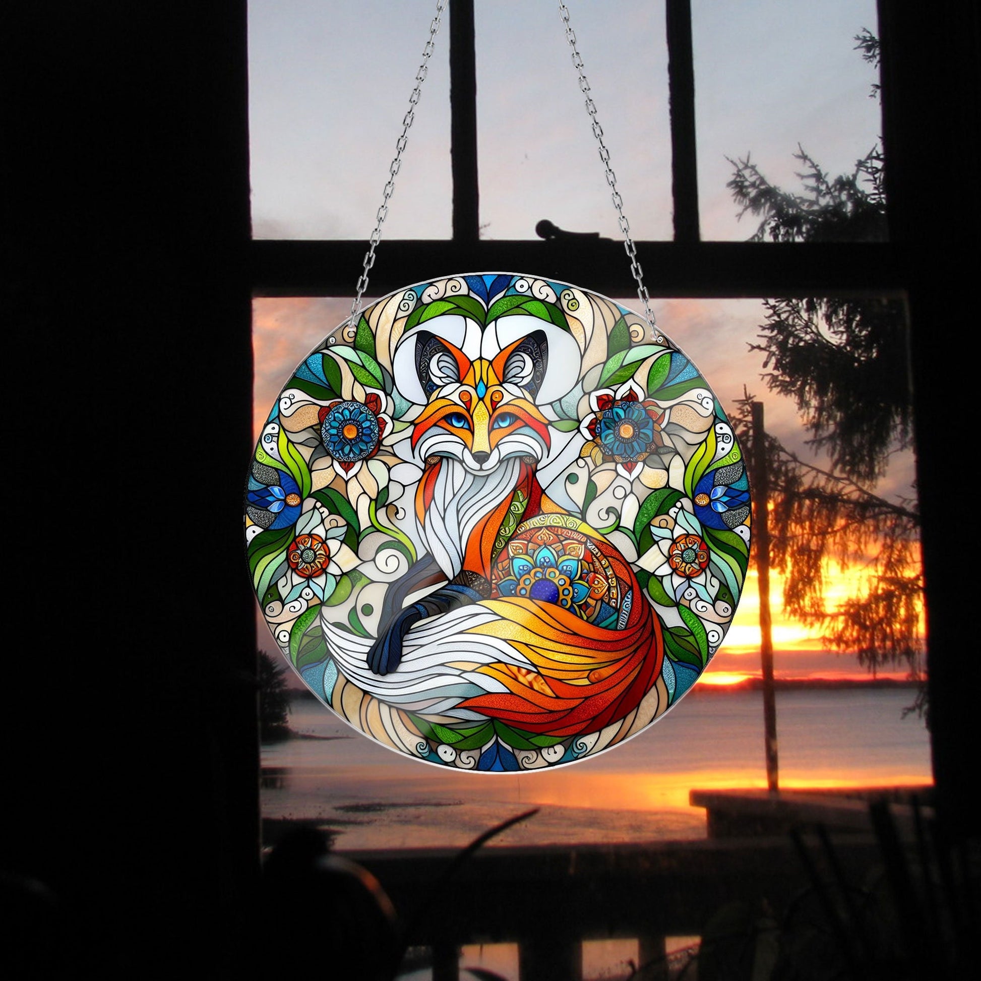 Mandala Red Fox ACRYLIC Window Hanging, Fox lovers gift, Mother's day gift, Kitchen decor, Grandma gift, FAUX stained glass, Mandala Fox Art