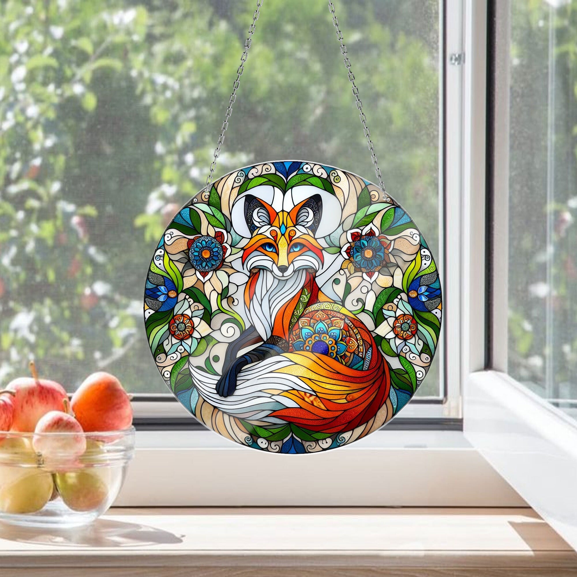 Mandala Red Fox ACRYLIC Window Hanging, Fox lovers gift, Mother's day gift, Kitchen decor, Grandma gift, FAUX stained glass, Mandala Fox Art