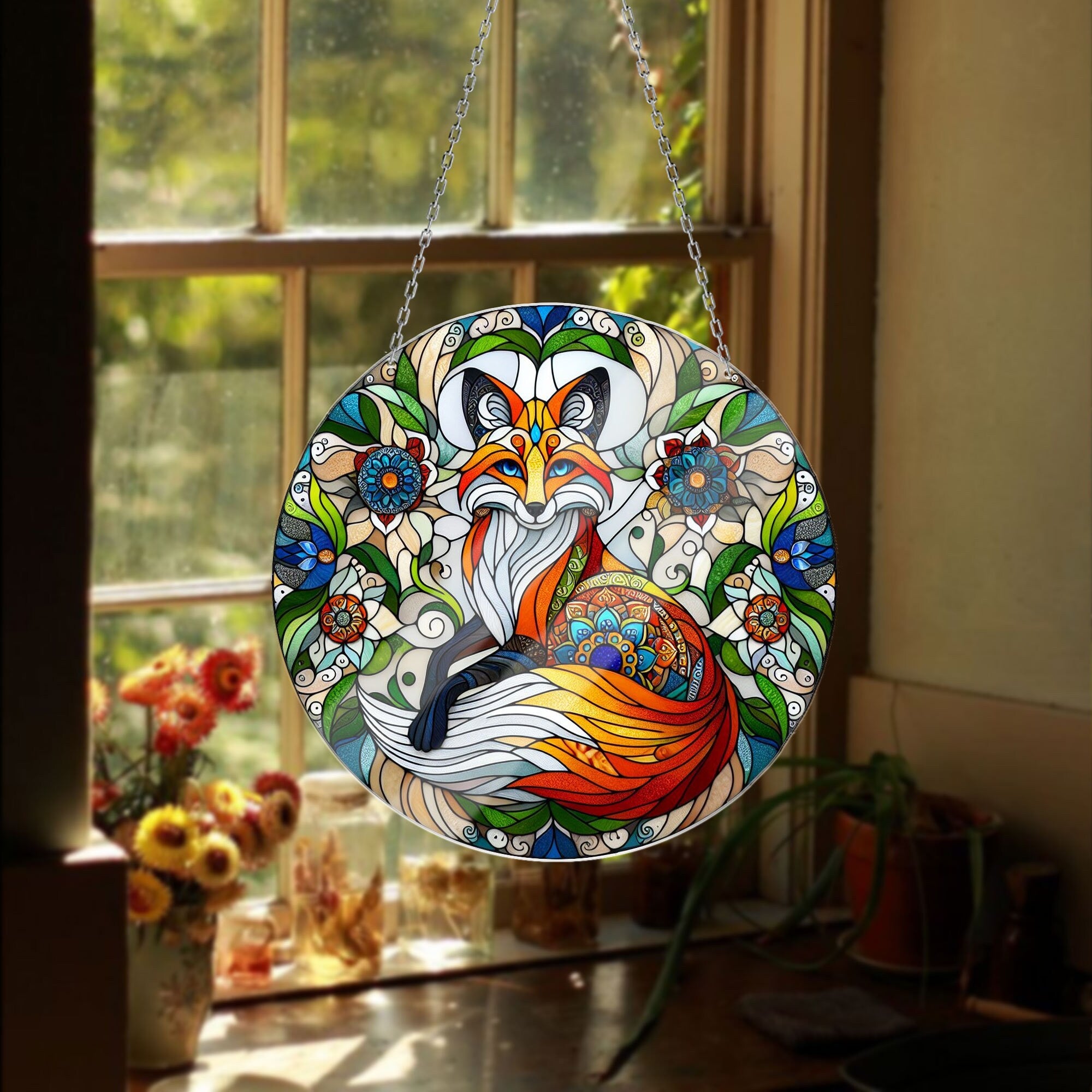 Mandala Red Fox ACRYLIC Window Hanging, Fox lovers gift, Mother's day gift, Kitchen decor, Grandma gift, FAUX stained glass, Mandala Fox Art