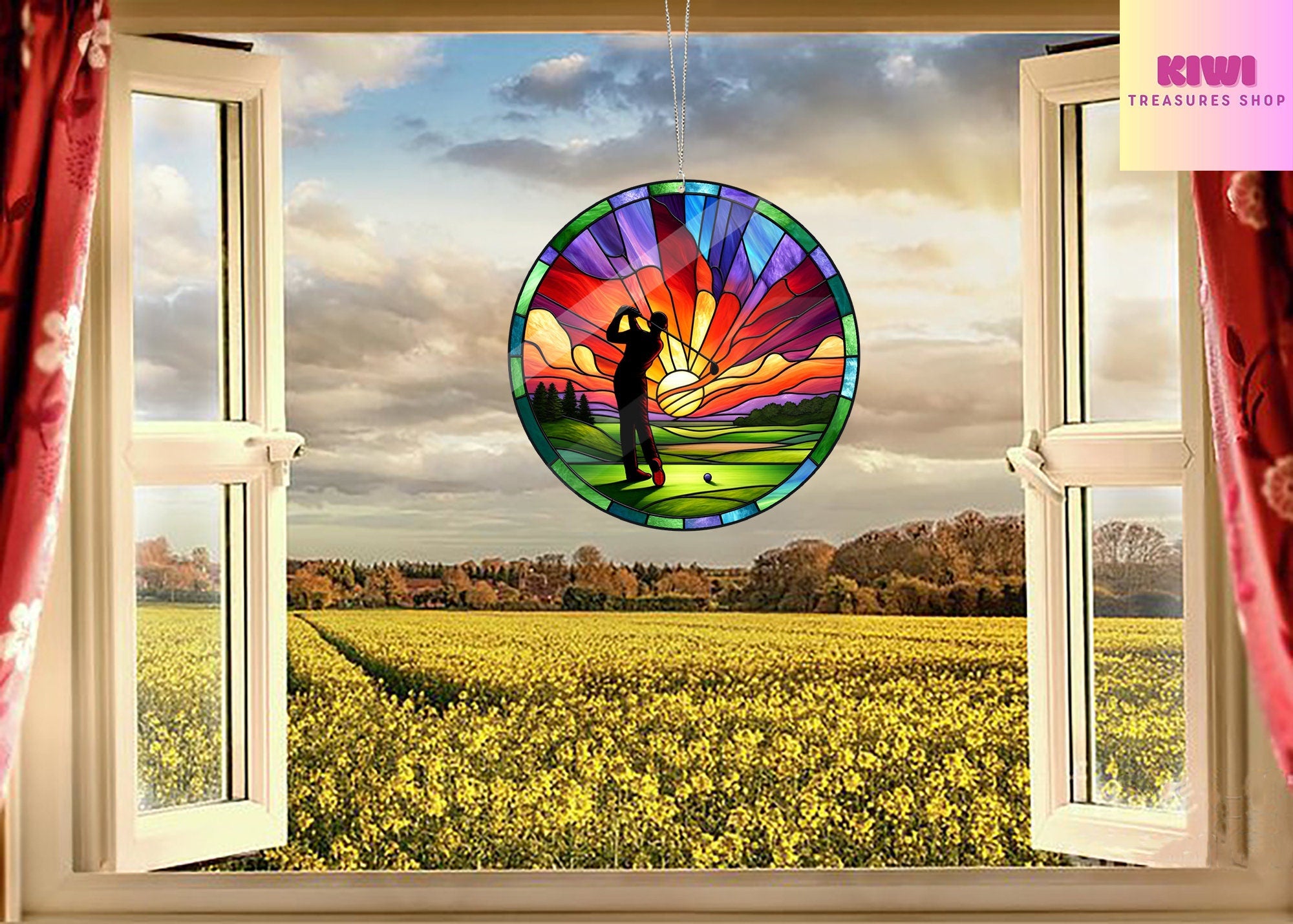 ACRYLIC Sunset Golfing Window Hanging, Golf hanging, Father's day gift, Golf lovers gift, Sunset landscape, NOT SUNCATCHER