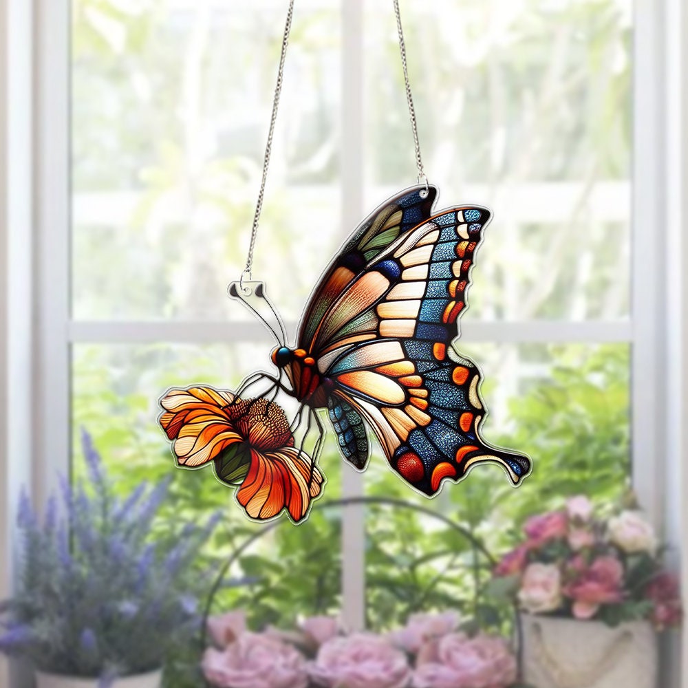 Butterfly Faux Stained Glass, Flowers Acrylic Window Hanging Art Decoration, Butterflies Acrylic, Gift for her, Not suncatcher