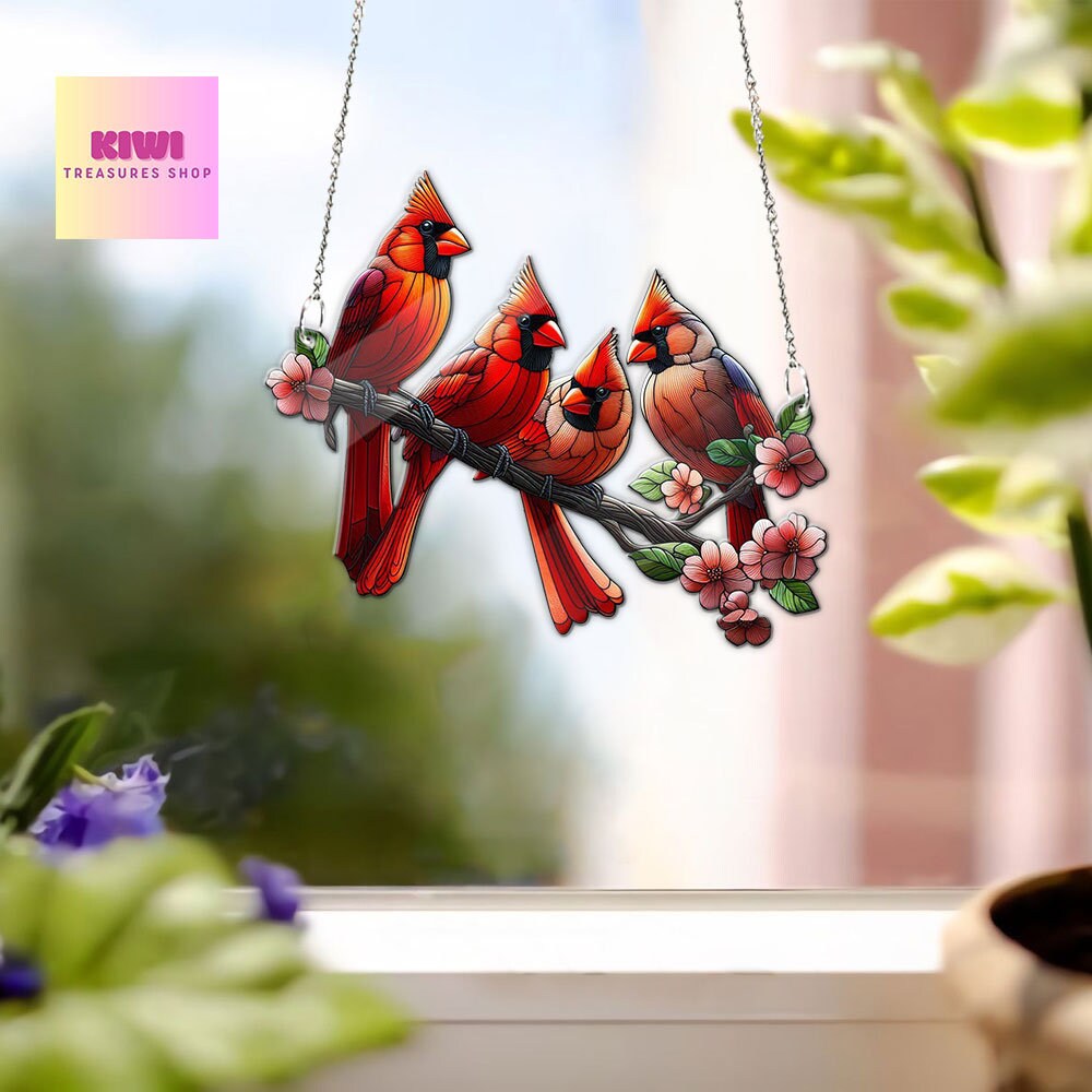 Cardinals on branch FAUX Stained Glass- Acrylic Window Hangings, Cardinal bird nerds gift, Faux Stained Glass, NOT SUNCATCHER