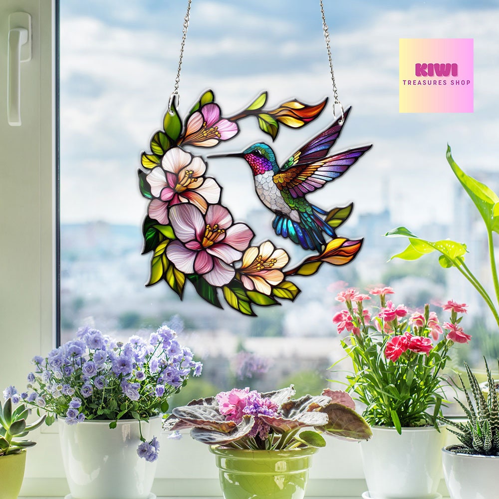 Hummingbird Among Flowers ACRYLIC window hanging, Wall Art, Acrylic Window Hanging, Mother's day gift, Humingbird lovers gift, NOT GLASS
