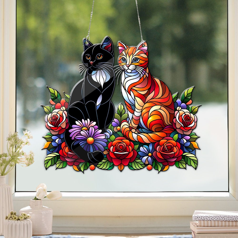 Personalized Cat Faux Stained Glass, Cat Flowers ACRYLIC Wall Window Hanging Art Decoration, Cat Home Decor, Gift For Mom, Cat Lovers