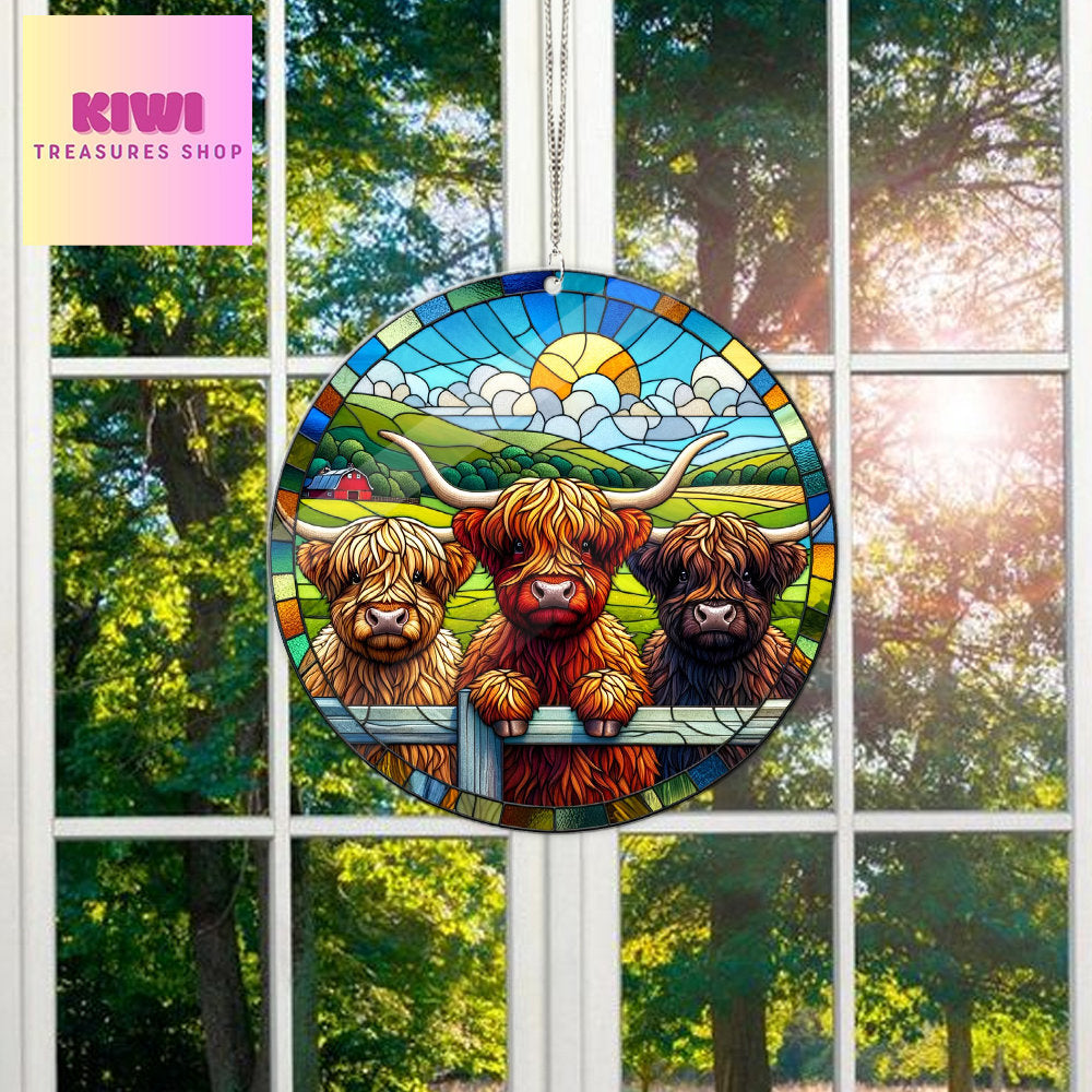 Cute 3 peeking Highland cows ACRYLIC window hanging, Farmhouse Window Hangings, Gift for farmer, Housewarming gift, not suncatcher