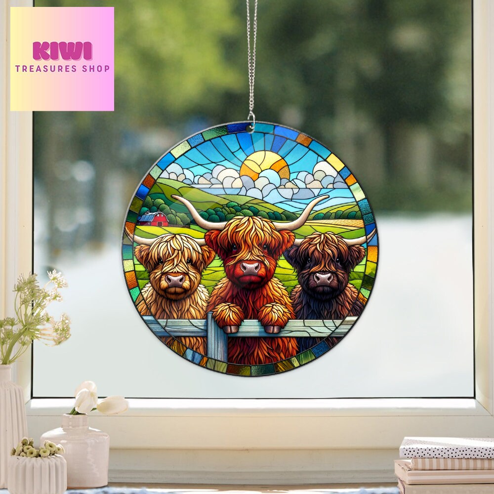 Cute 3 peeking Highland cows ACRYLIC window hanging, Farmhouse Window Hangings, Gift for farmer, Housewarming gift, not suncatcher