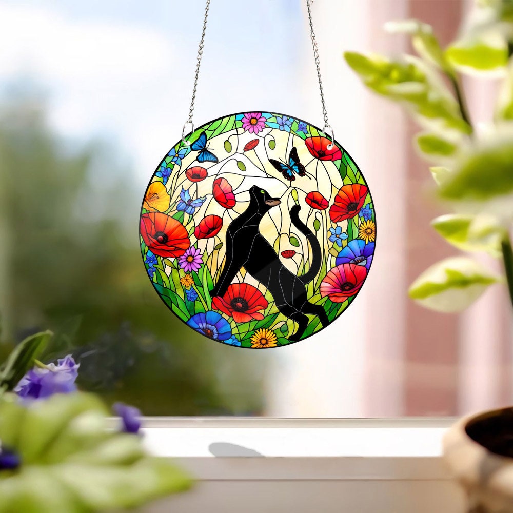 Black cat in Poppies  garden Acrylic Window Hanging, Cat Mom gift, NOT SUNCATCHER, gardener gift, Cat lovers gift, Home decor