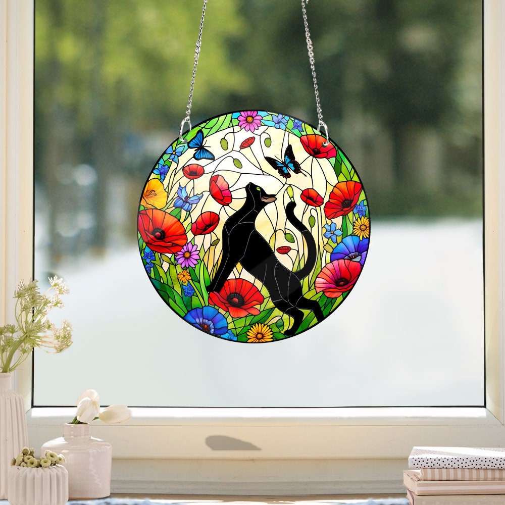 Black cat in Poppies  garden Acrylic Window Hanging, Cat Mom gift, NOT SUNCATCHER, gardener gift, Cat lovers gift, Home decor