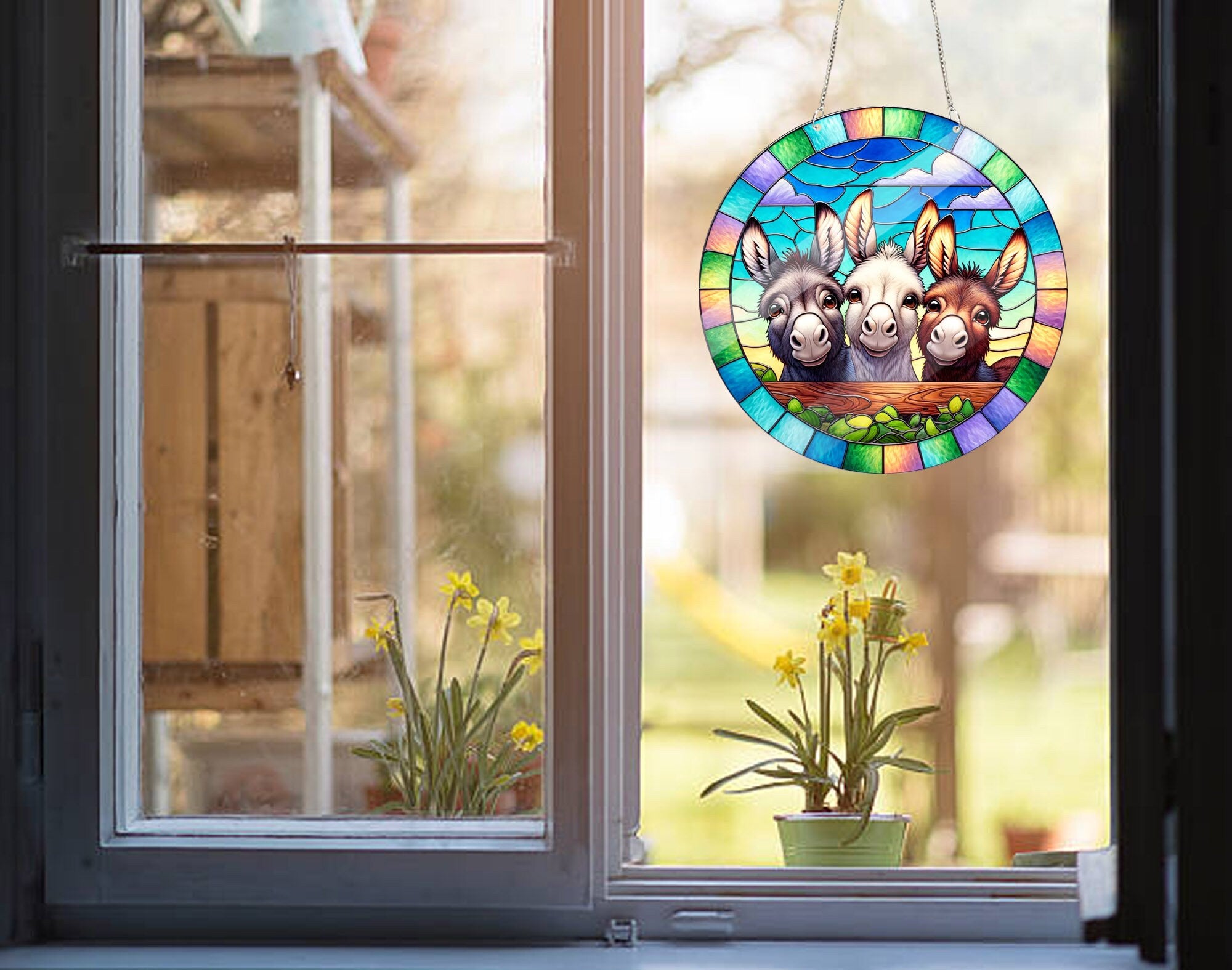 3 peeking donkeys ACRYLIC window hanging, Farmhouse Window Hangings, Donkey lovers gift, Housewarming gift, not suncatcher
