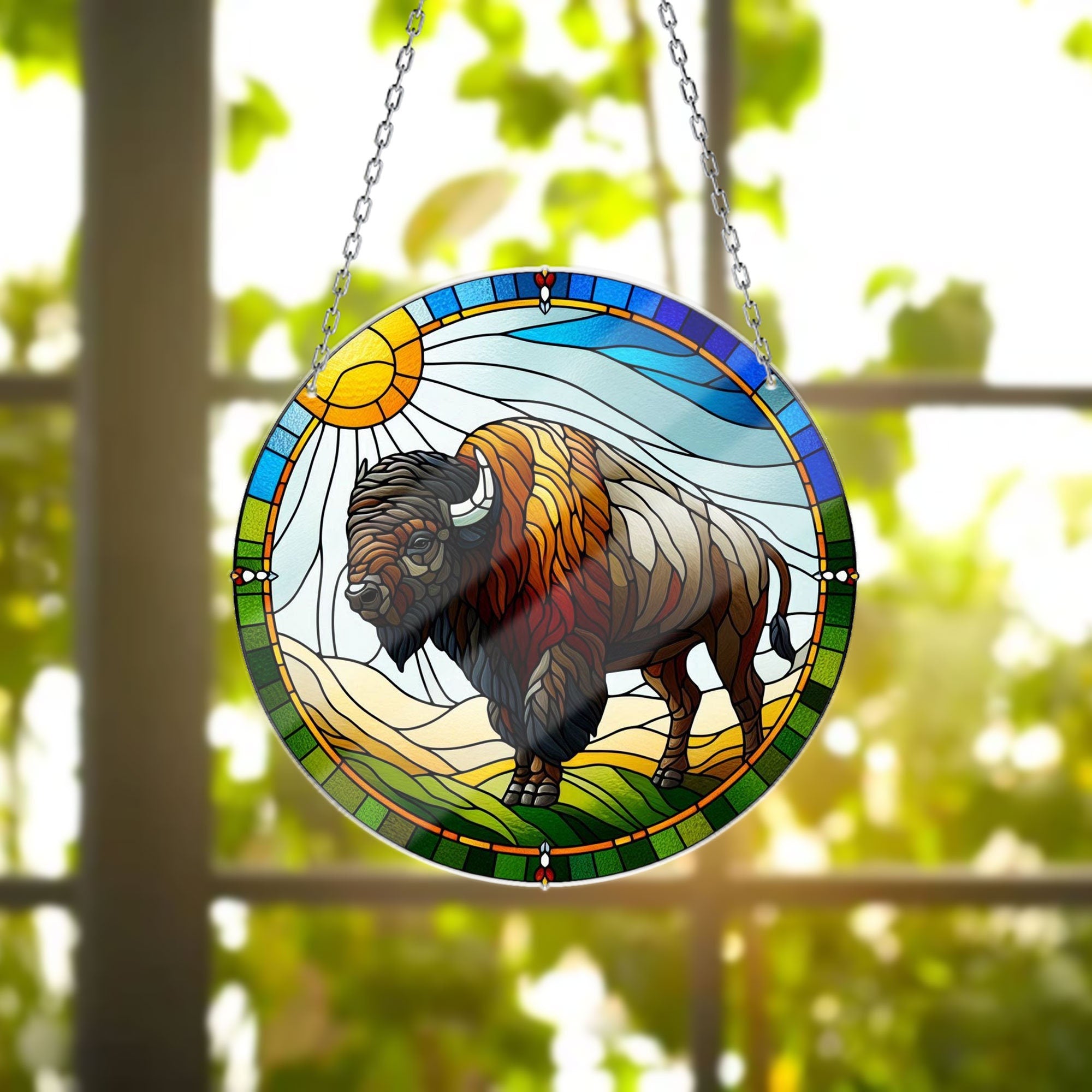 Elegant and Vibrant Bison ACRYLIC window hanging with Metal Chain - Brighten Your Space, Bison Home Decor, Bison Lovers Gift, farm house
