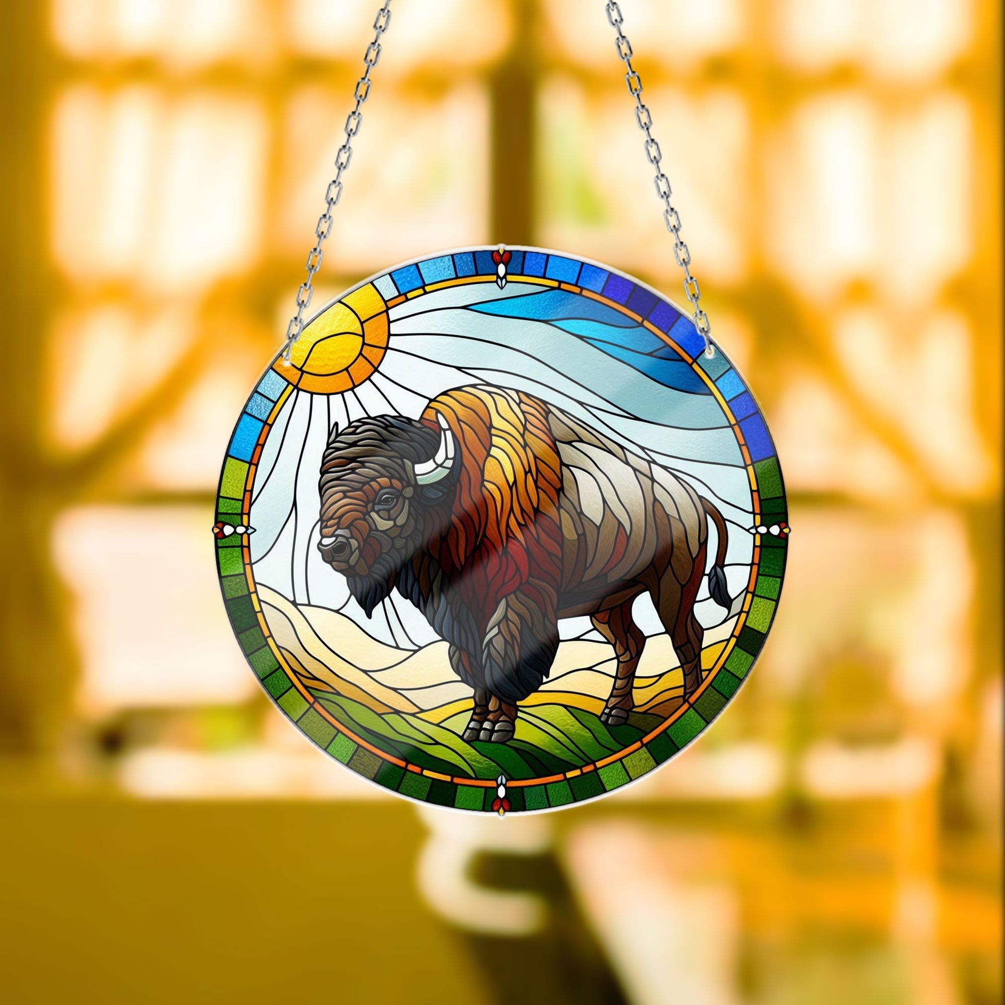 Elegant and Vibrant Bison ACRYLIC window hanging with Metal Chain - Brighten Your Space, Bison Home Decor, Bison Lovers Gift, farm house