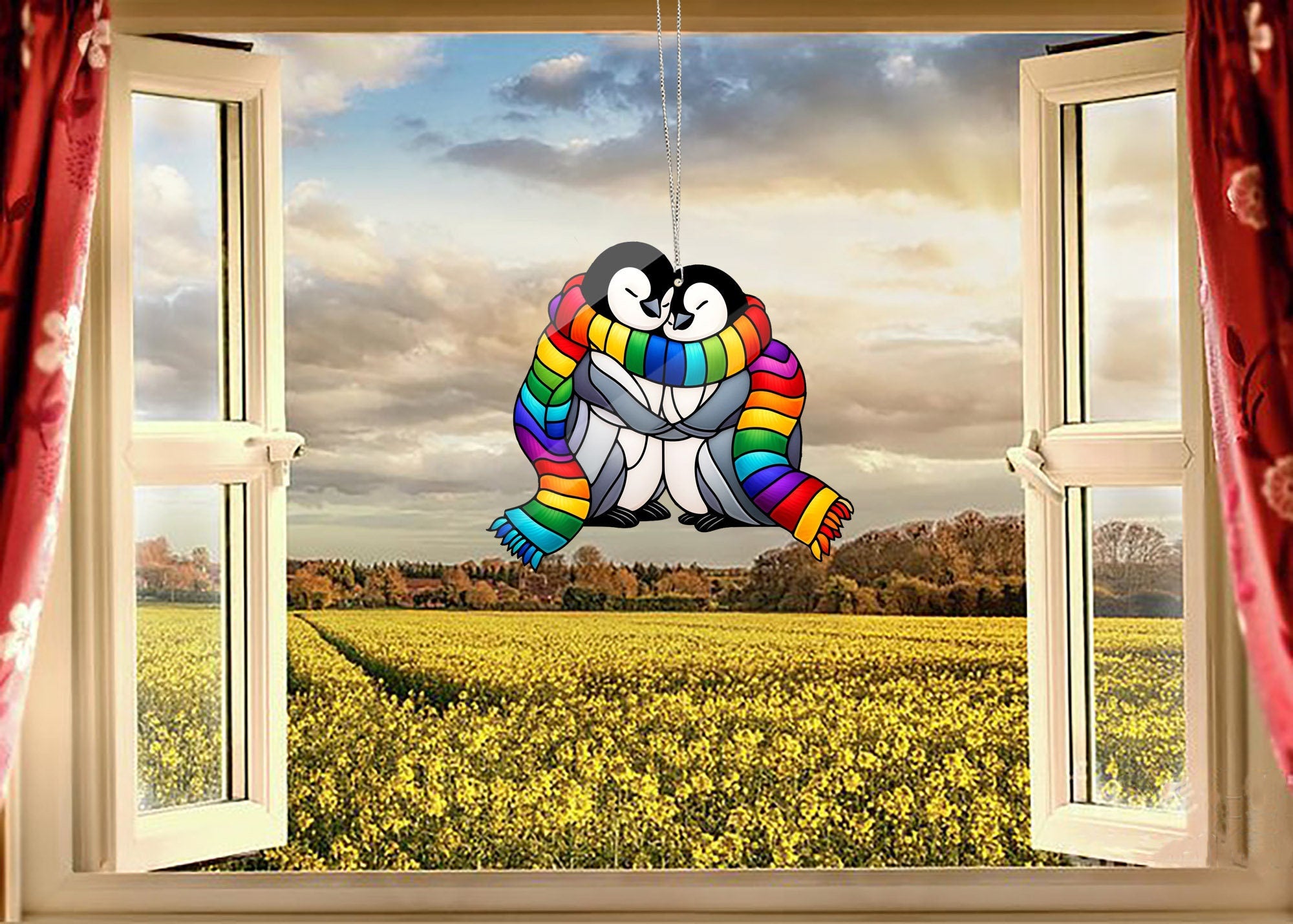 LGBT Penguin Couple Window Hanging, Gay Couple Acrylic Art, LGBTQ+,LGBT couple gift, Rainbow home decor, Anniversary gift