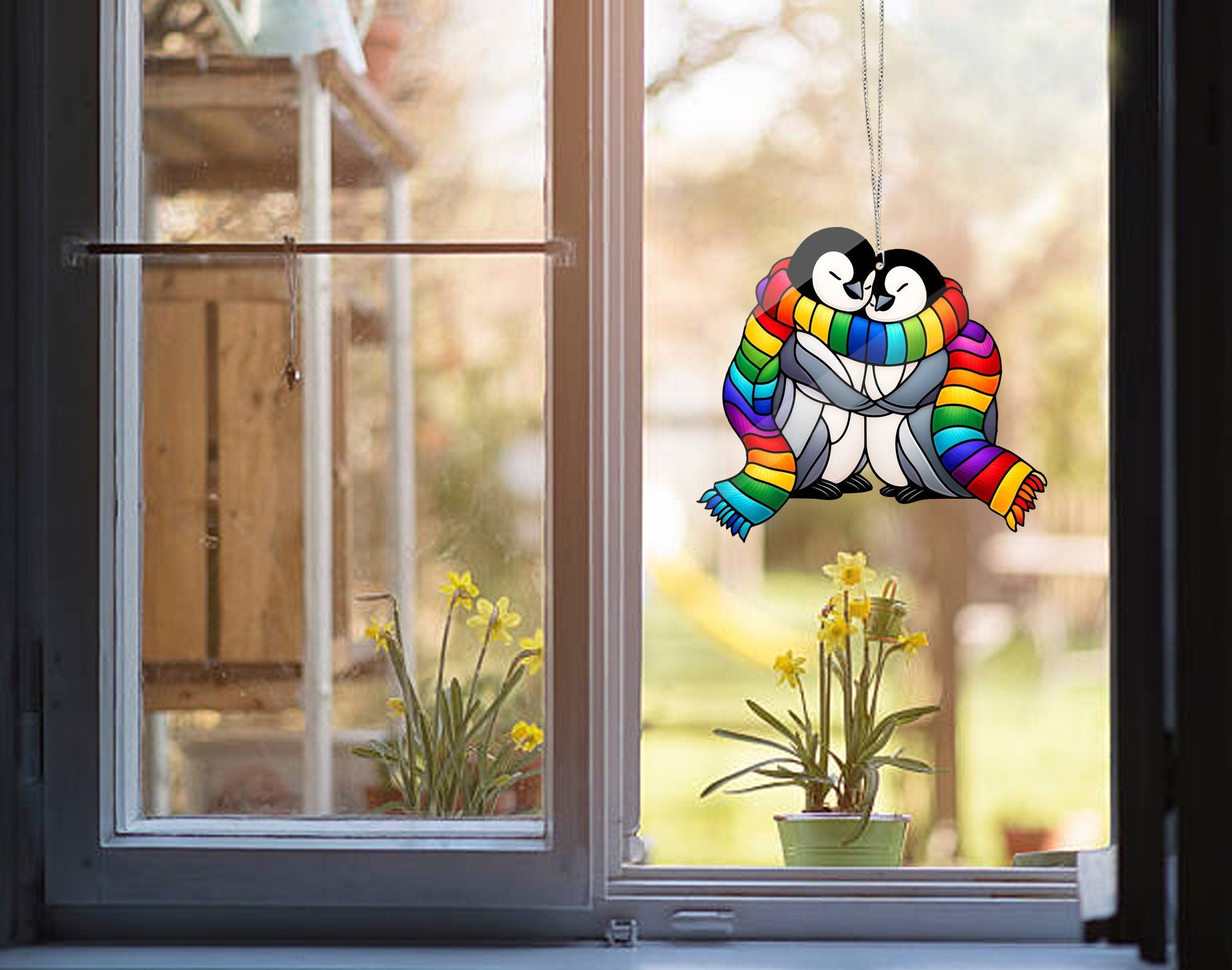 LGBT Penguin Couple Window Hanging, Gay Couple Acrylic Art, LGBTQ+,LGBT couple gift, Rainbow home decor, Anniversary gift