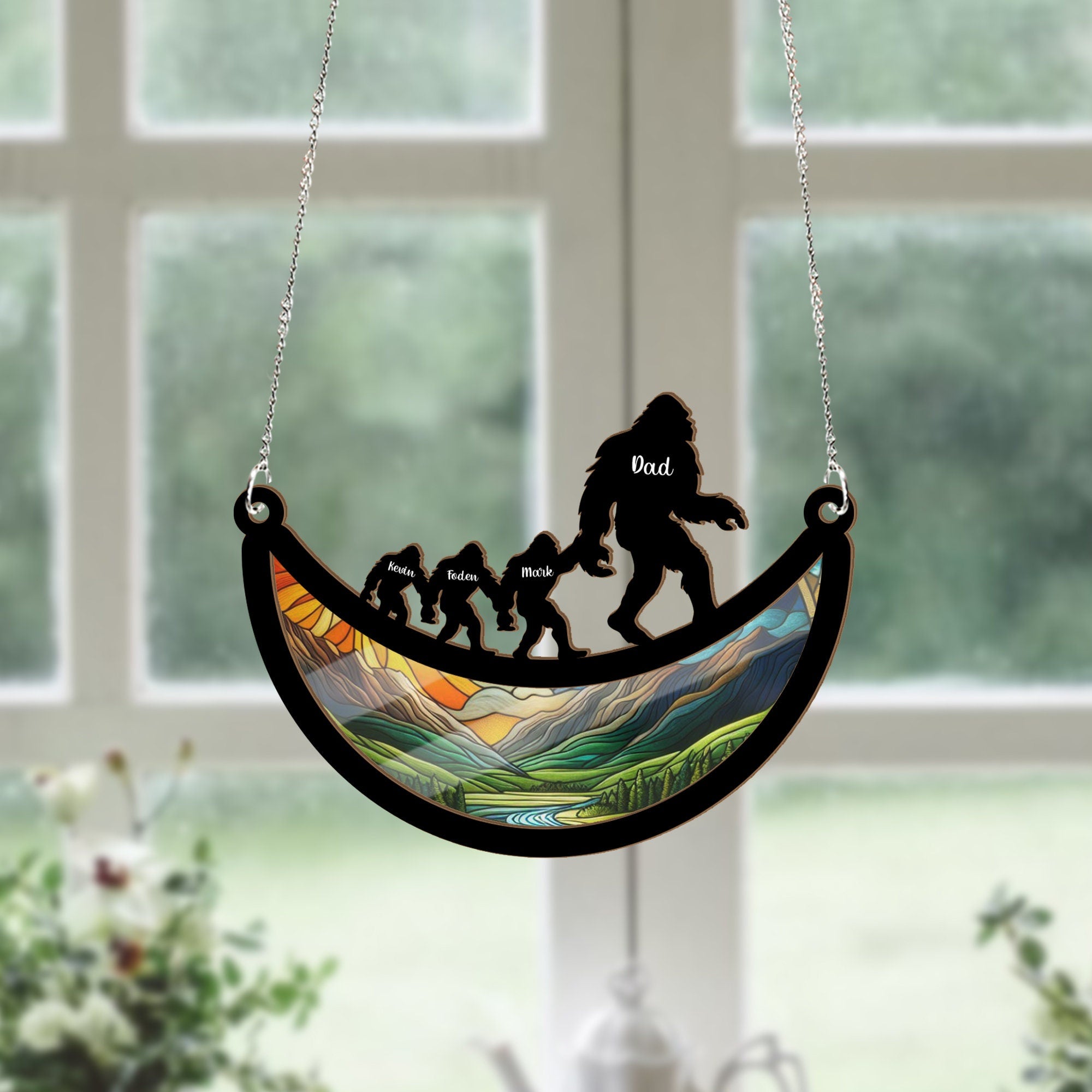 Personalized Bigfoot dad Suncatcher Ornament, Daddy and kids names, Father's day gift, Bigfoot squach Suncatcher, unique gift for dad