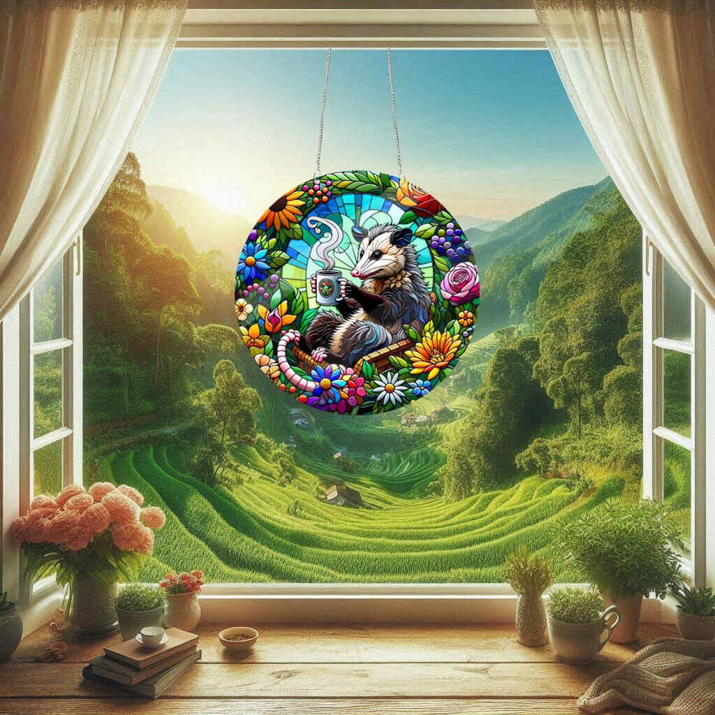 Opossum  drink coffee In Flower Garden Window Art, Acrylic Window Hanging, Window Art, Opossum Decor, coffee lovers, Opossum Gift
