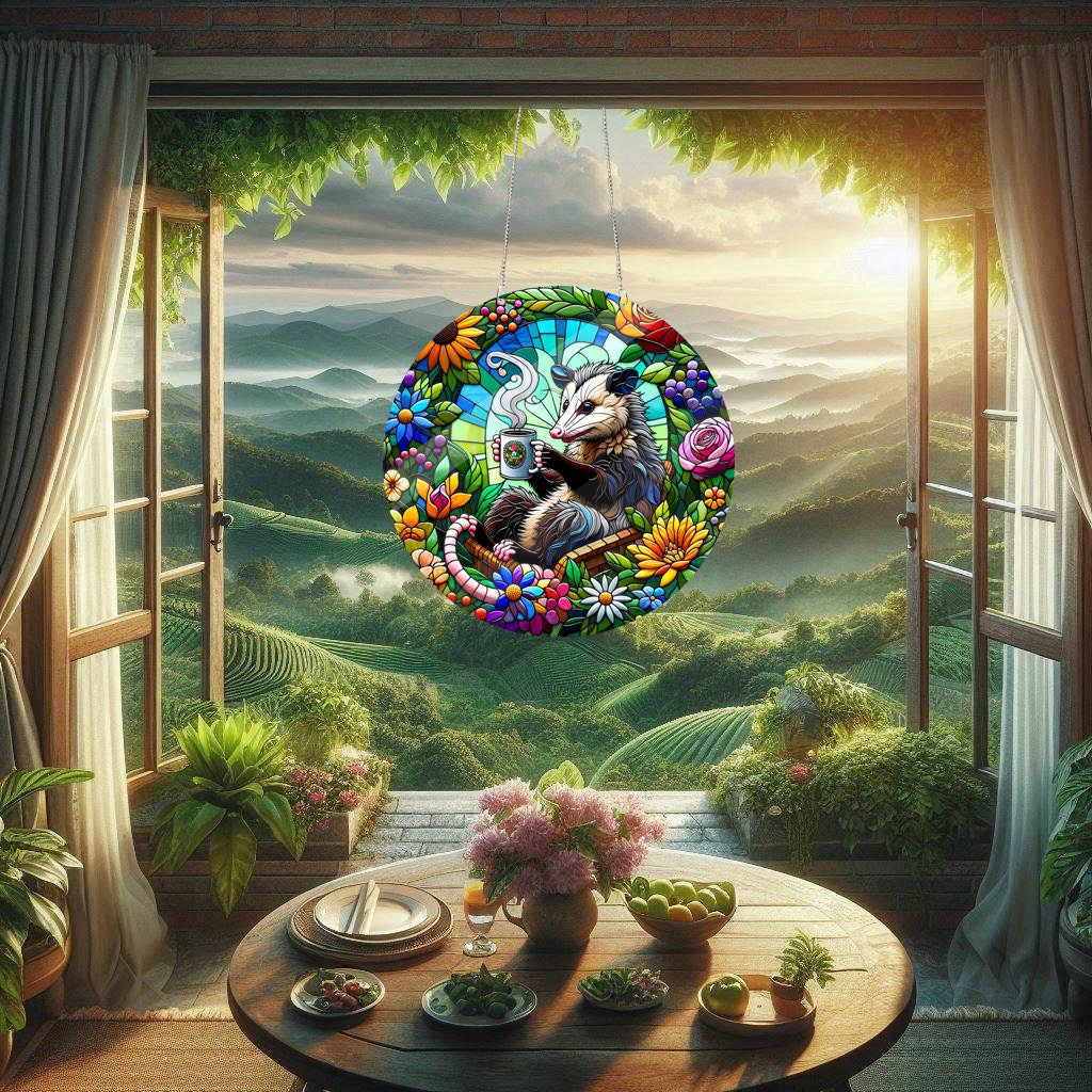 Opossum  drink coffee In Flower Garden Window Art, Acrylic Window Hanging, Window Art, Opossum Decor, coffee lovers, Opossum Gift
