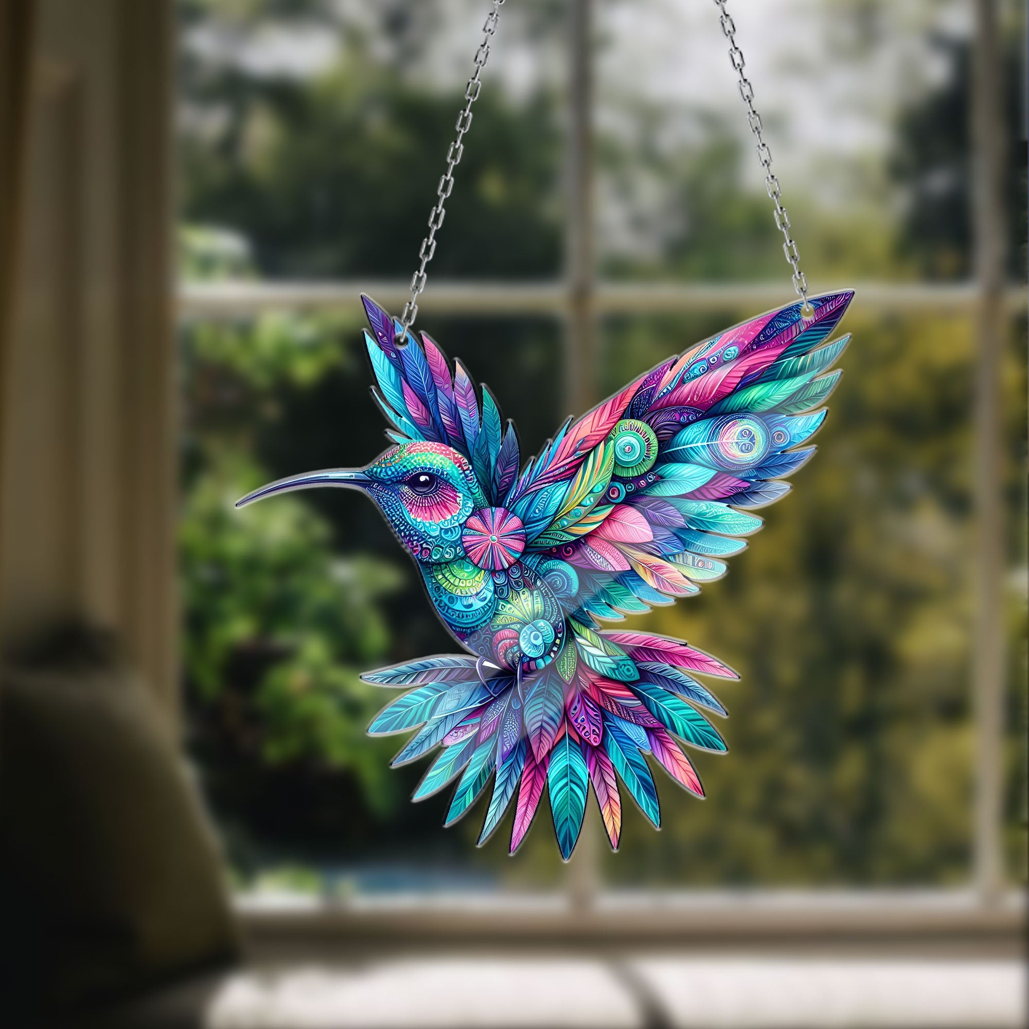 Hummingbird kaleidoscope Acrylic Window Hangings, Garden Hummingbird Acrylic Decorative Sign, Home Decor, Floral Mandala Bird Enhancement