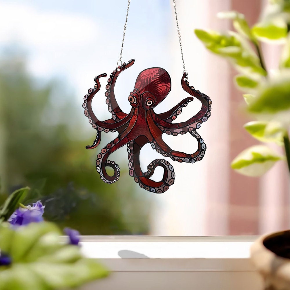 Red Octopus ACRYLIC window hanging, Octopus Window Hangings, Sea Octopus gift, Horror Decor, Faux Stained Glass, NOT suncatcher