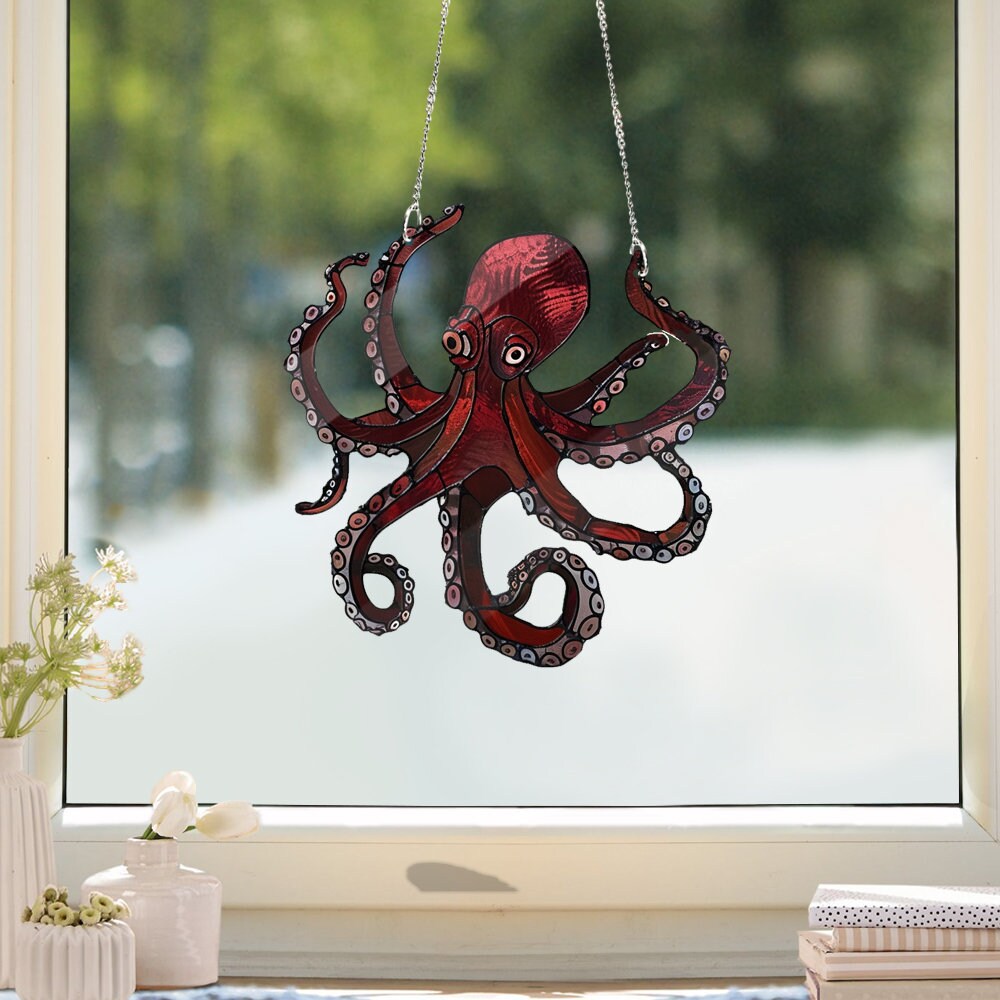 Red Octopus ACRYLIC window hanging, Octopus Window Hangings, Sea Octopus gift, Horror Decor, Faux Stained Glass, NOT suncatcher
