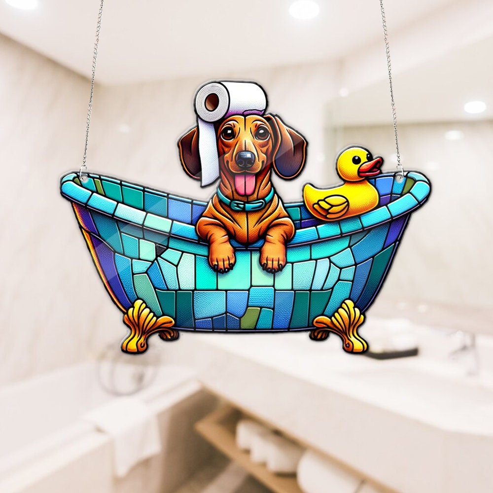 Dachshund in bathroom Acrylic Window Hangings, Funny dachshund hanging, dachshund mom gift, Bathroom decor, Funny dog decor