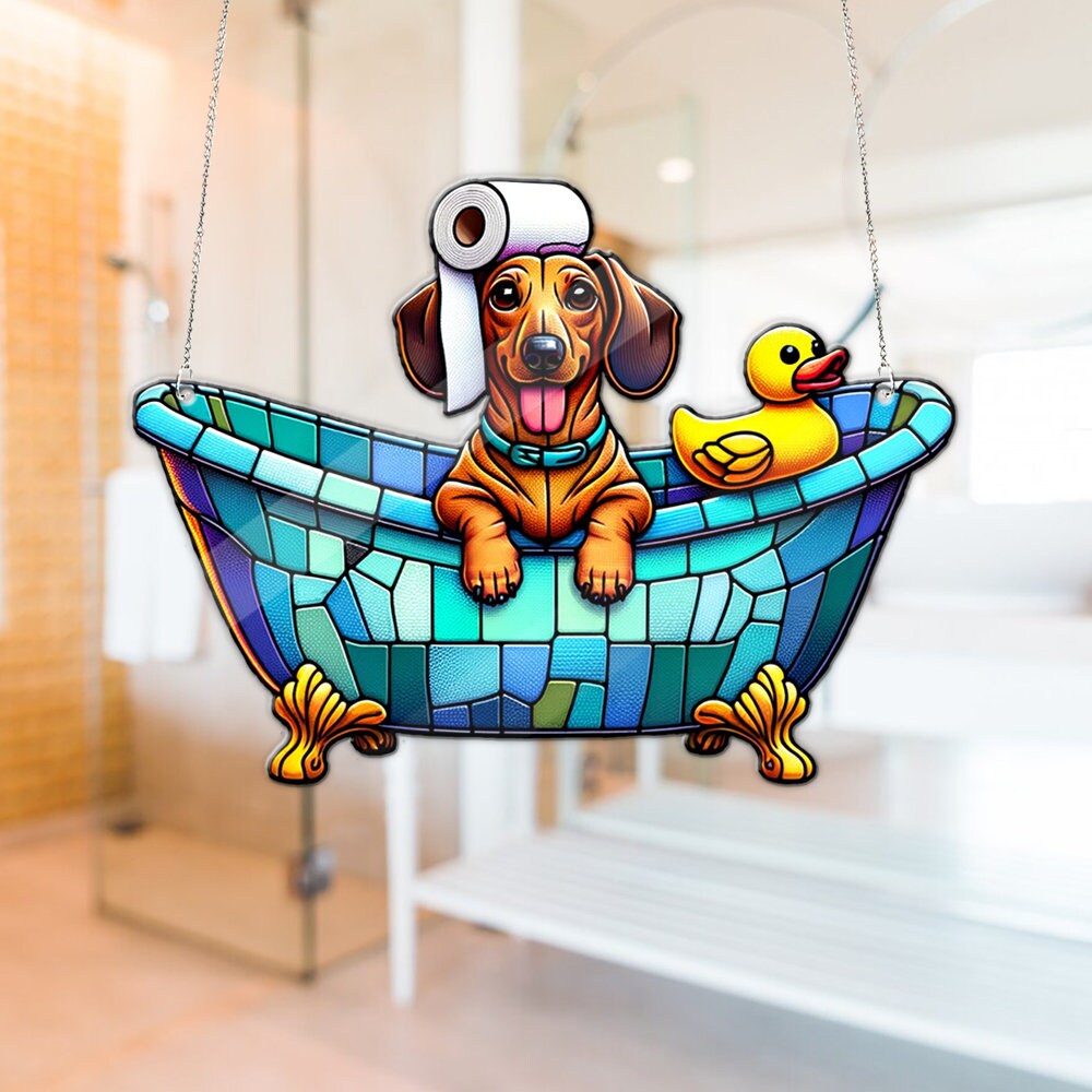 Dachshund in bathroom Acrylic Window Hangings, Funny dachshund hanging, dachshund mom gift, Bathroom decor, Funny dog decor