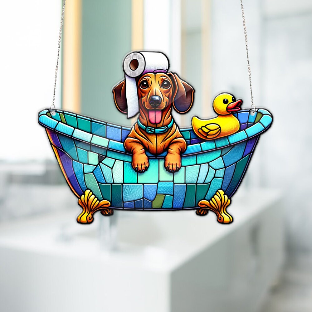 Dachshund in bathroom Acrylic Window Hangings, Funny dachshund hanging, dachshund mom gift, Bathroom decor, Funny dog decor