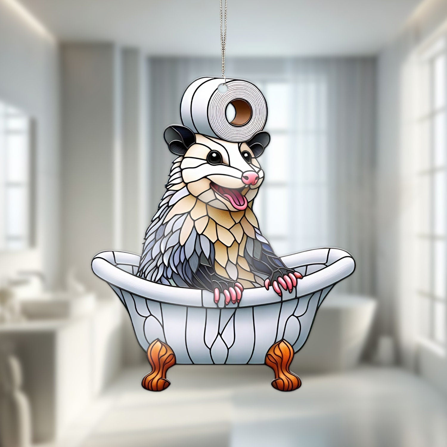 Opossum in bathroom Acrylic Window Hangings, Funny opossum hanging, trashy decor, Bathroom decor, Funny opossum lovers gift