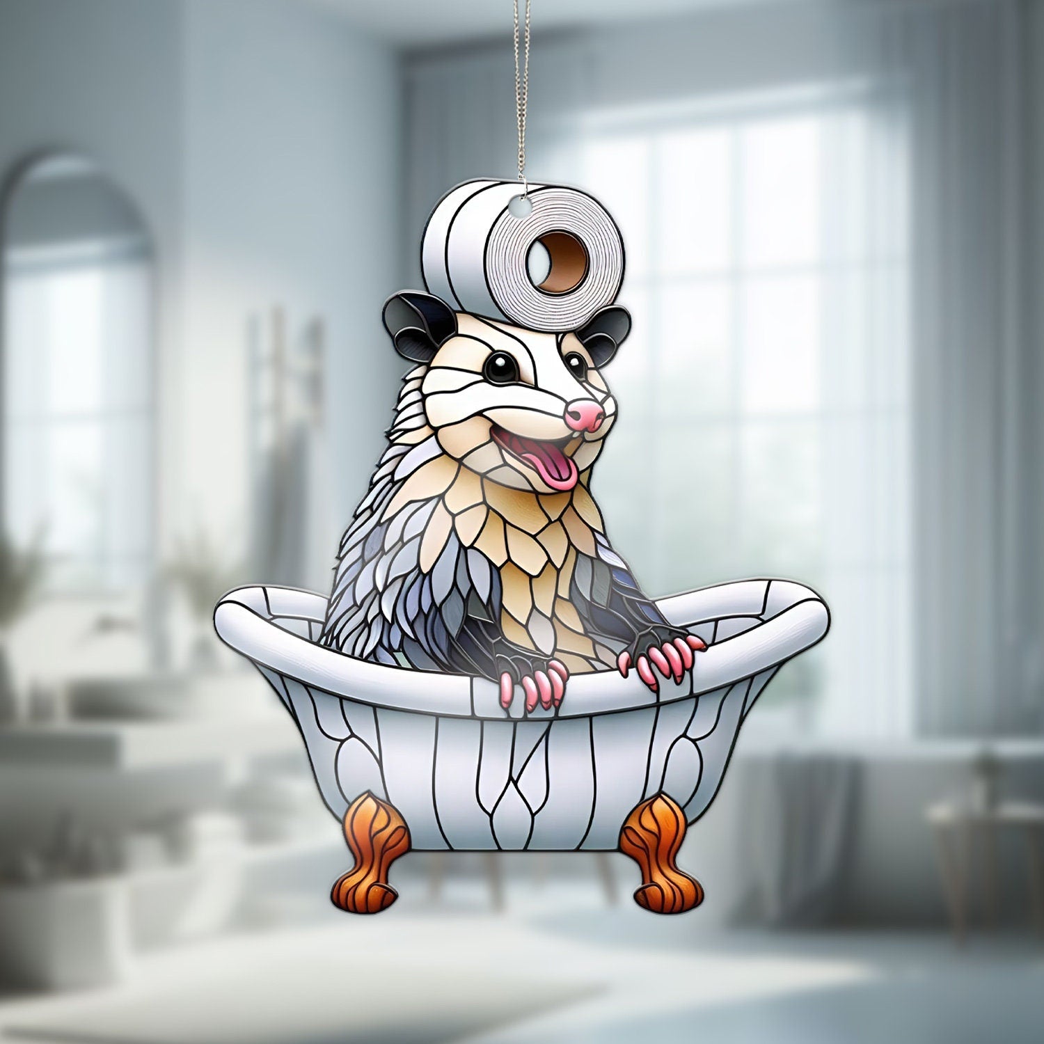 Opossum in bathroom Acrylic Window Hangings, Funny opossum hanging, trashy decor, Bathroom decor, Funny opossum lovers gift
