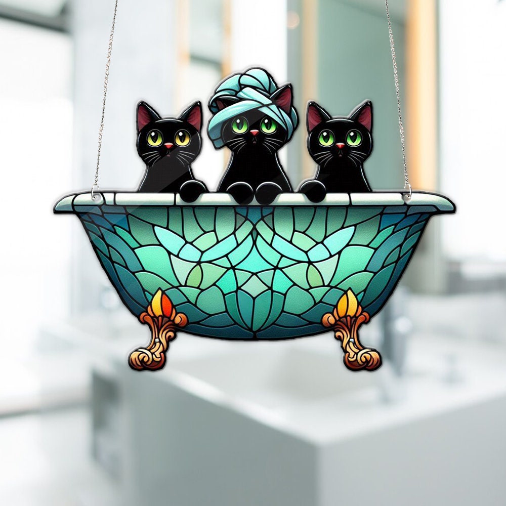 Three Blacks cat in bathroom Acrylic Window Hangings, Funny peeking cat hanging, black cat mom gift, Bathroom decor, Funny cat lovers gift