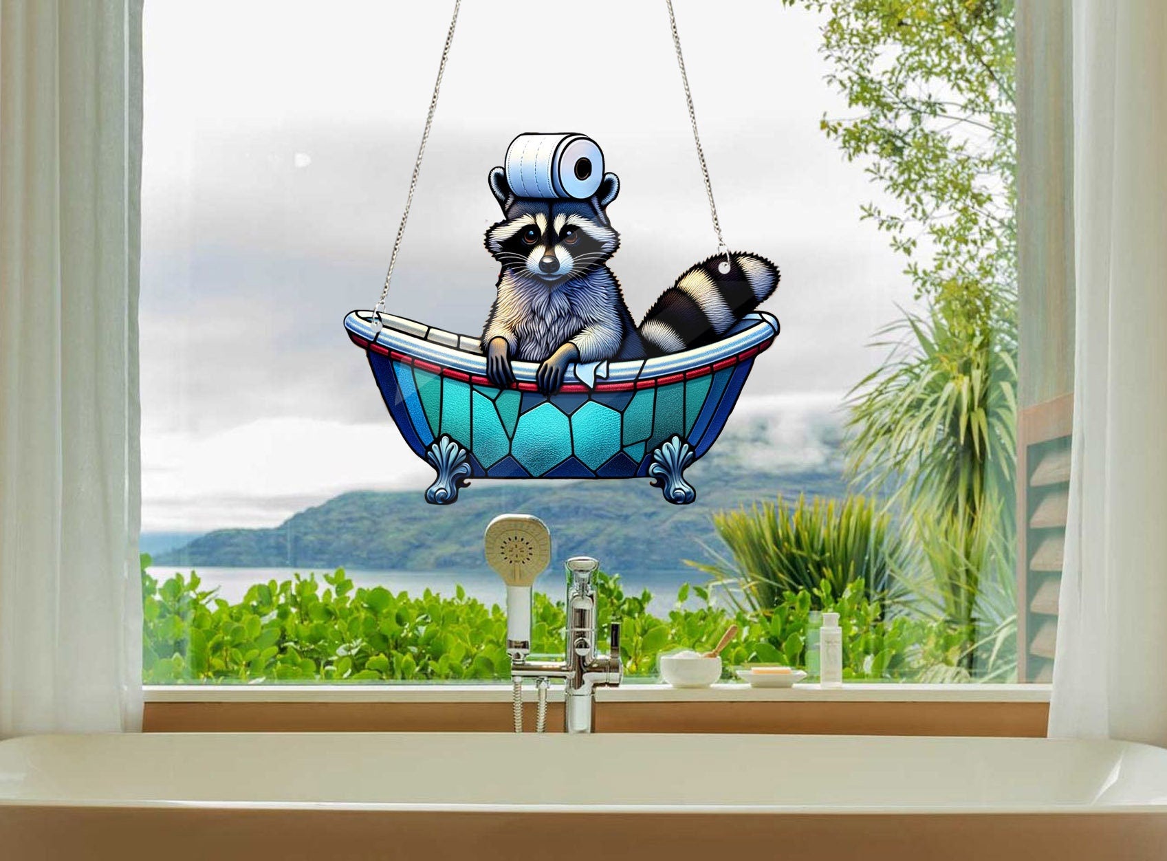 Funny raccoon in bathroom Acrylic Window Hangings, Raccoon hanging, Toilet hanging, Bathroom decor, trash panda lovers gift,