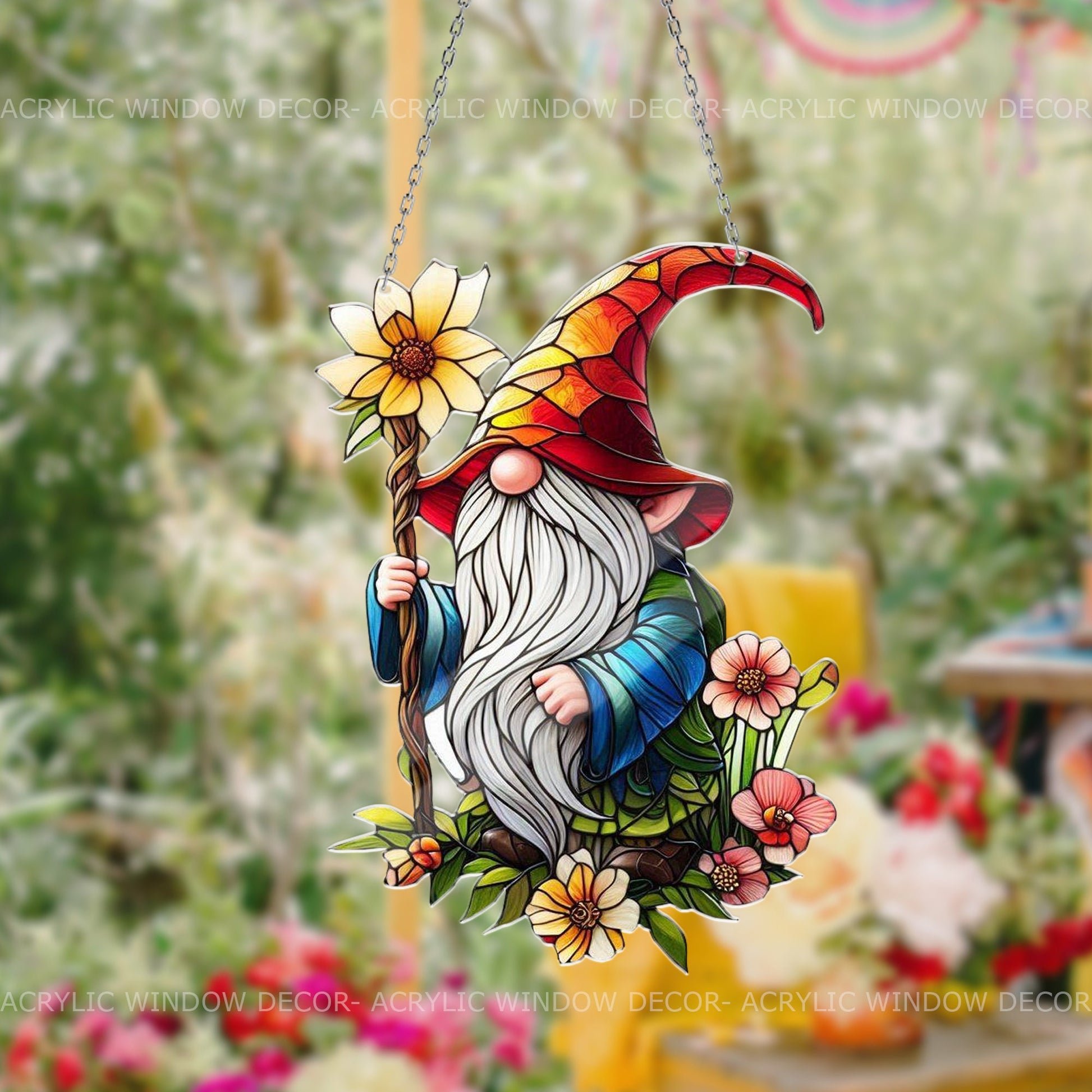 Gnome with Flowers Acrylic Window Hanging, Adorable Gnome Lover's Decor, Indoor Garden View, Gardening Gift, gift for mom Mother's day gift