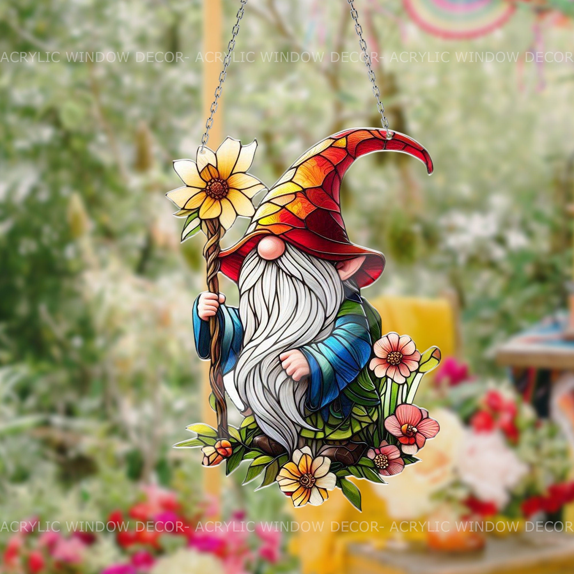 Gnome with Flowers Acrylic Window Hanging, Adorable Gnome Lover's Decor, Indoor Garden View, Gardening Gift, gift for mom Mother's day gift