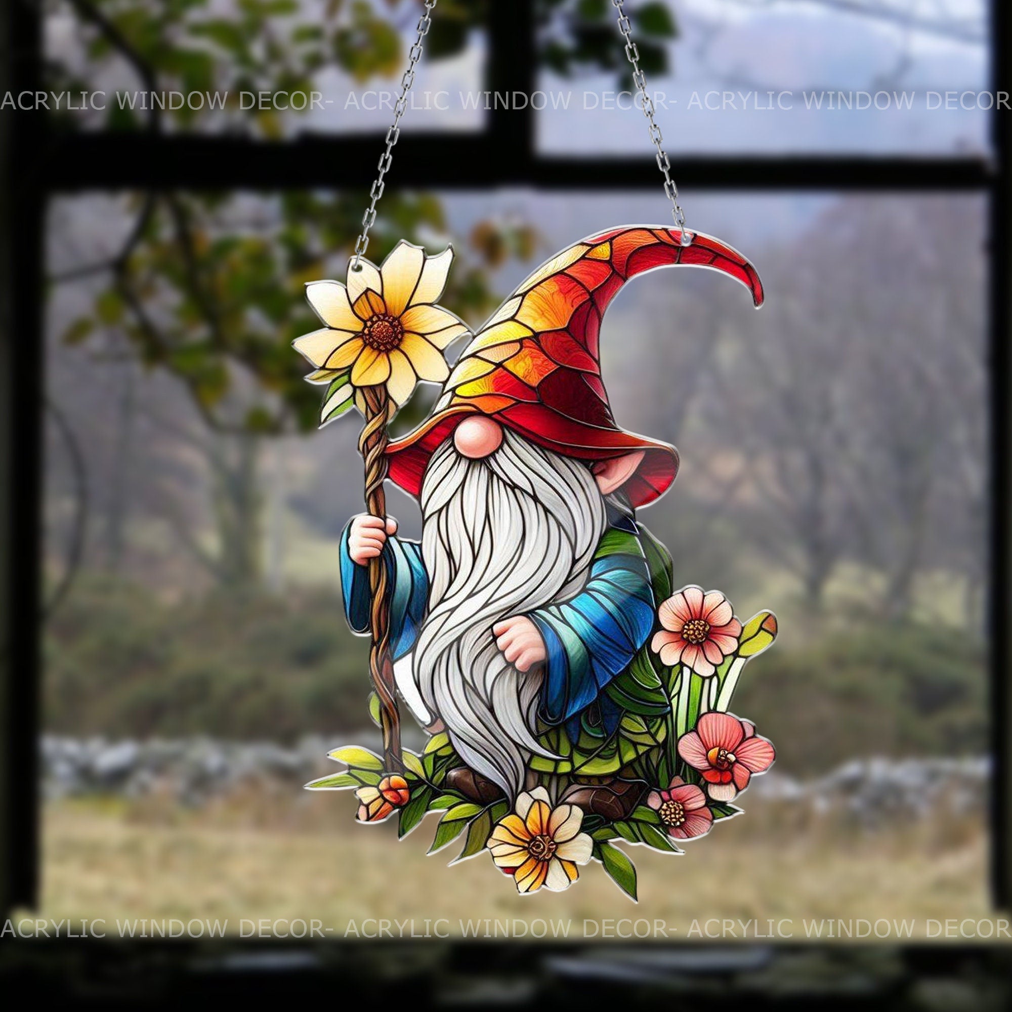 Gnome with Flowers Acrylic Window Hanging, Adorable Gnome Lover's Decor, Indoor Garden View, Gardening Gift, gift for mom Mother's day gift