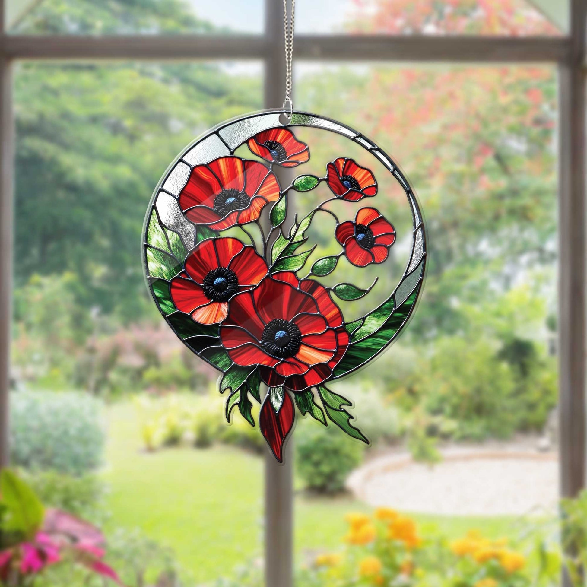 Red Poppies Flower ACRYLIC Window Hanging,, Poppy Flower, Celestial Flowers Pot, Mother's day gift 2025, Kitchen decor, FAUX stained glass