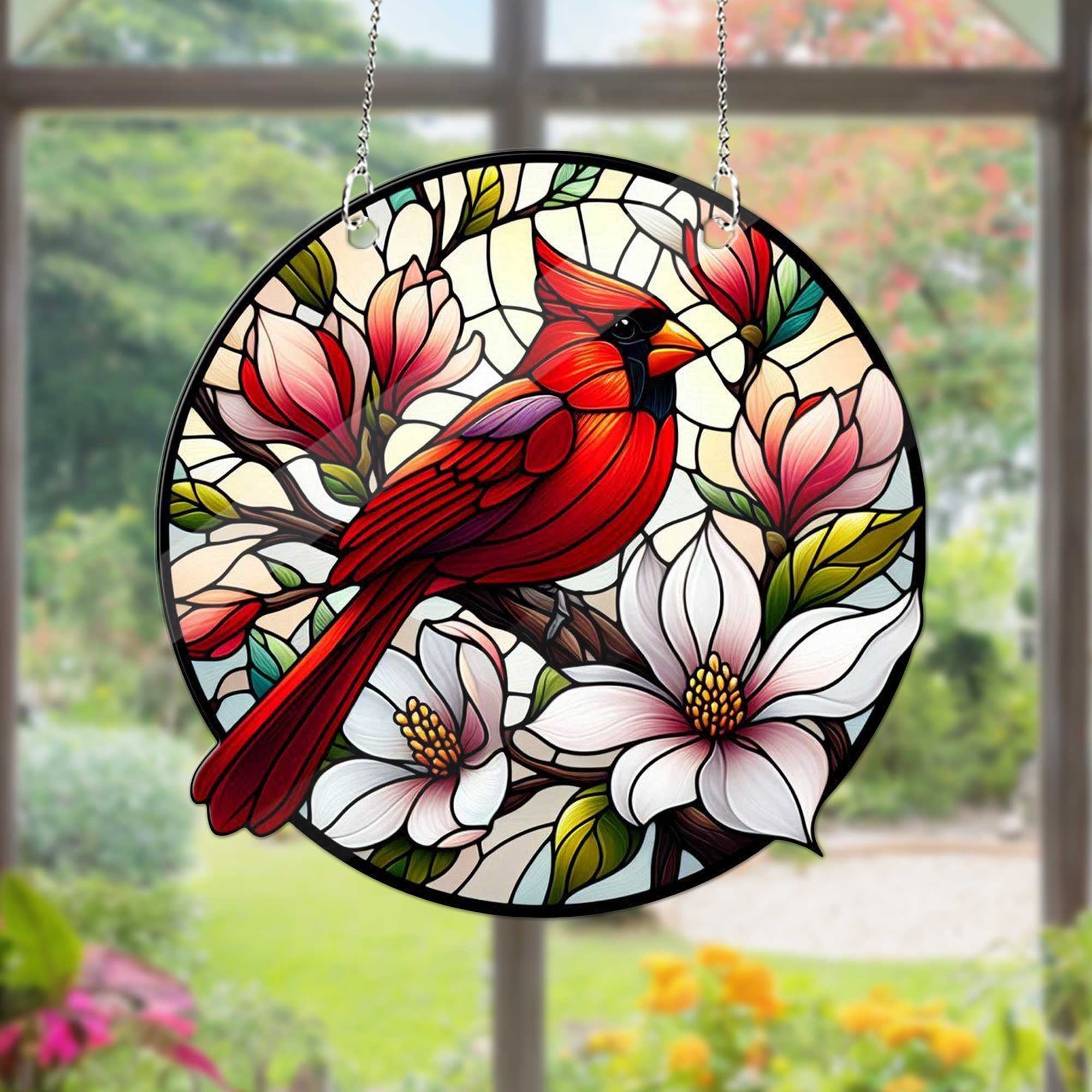 Cardinal with magnolia flowers Acrylic Window Hangings, Cardinal home decor, Bird nerd, NOT suncatcher, magnolia branch