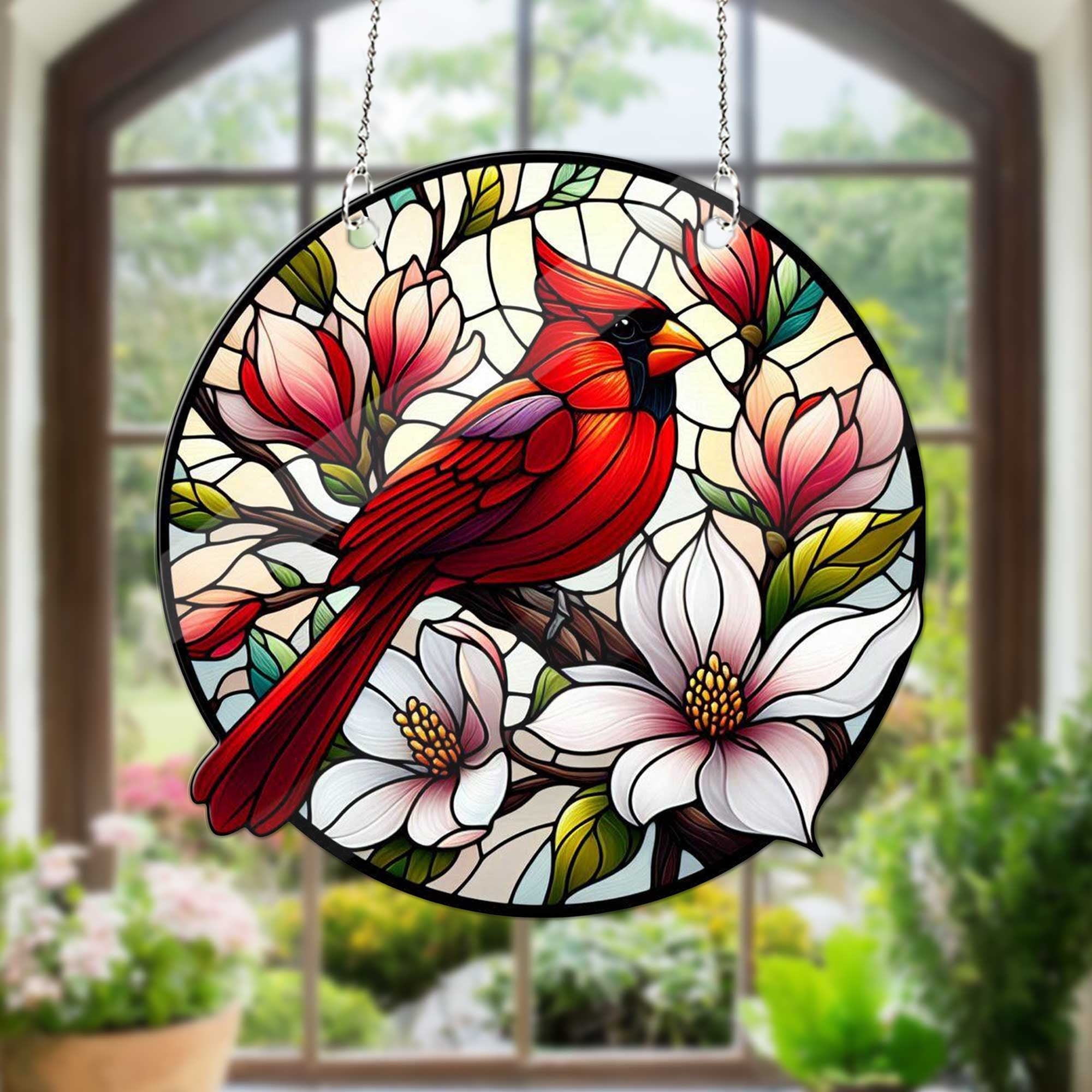 Cardinal with magnolia flowers Acrylic Window Hangings, Cardinal home decor, Bird nerd, NOT suncatcher, magnolia branch