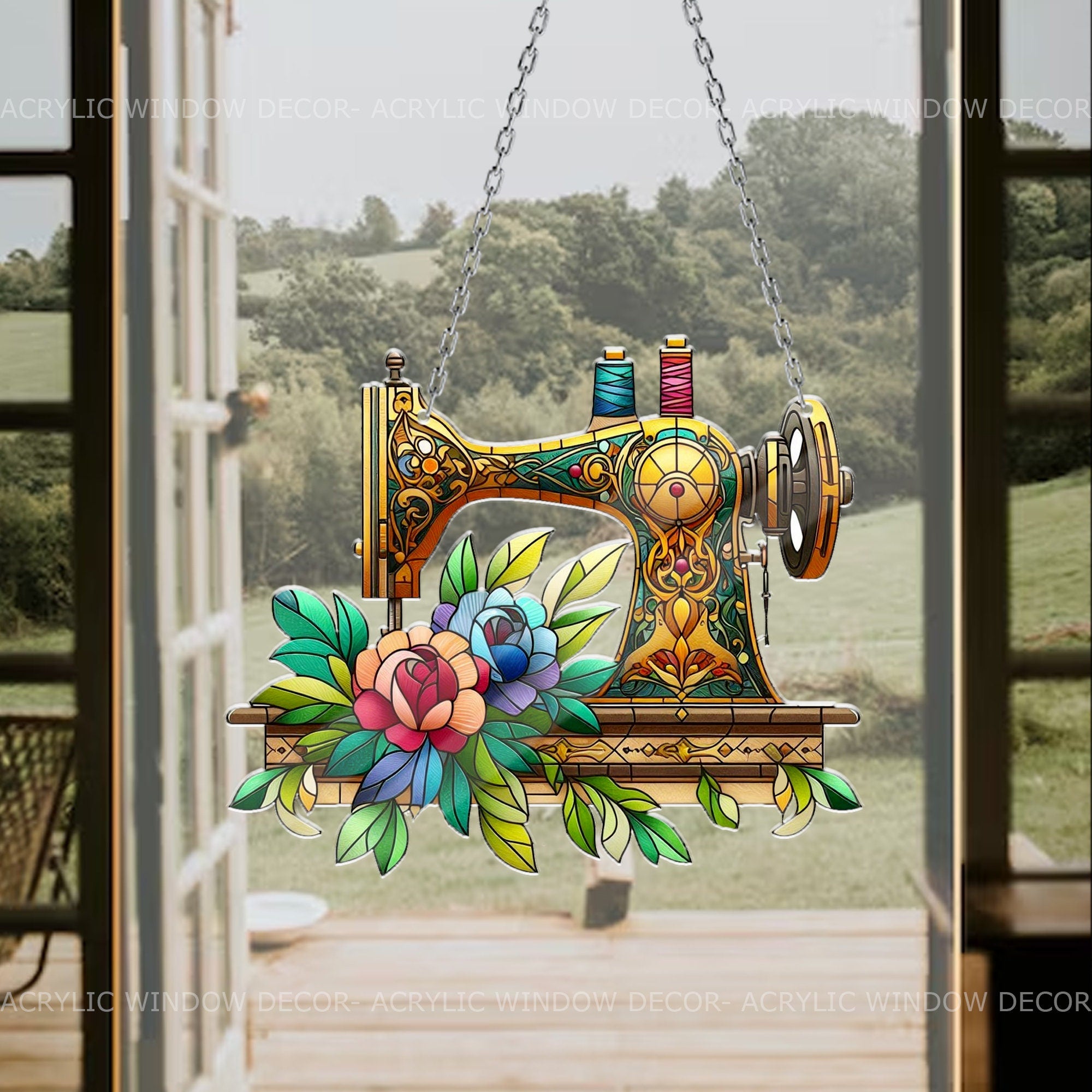 Floral Sewing Machine Acrylic Window Hanging, Flower Decor for Sewing Lovers, Charming Mom Gift, Crafty Decor Mother's day gift set 2025