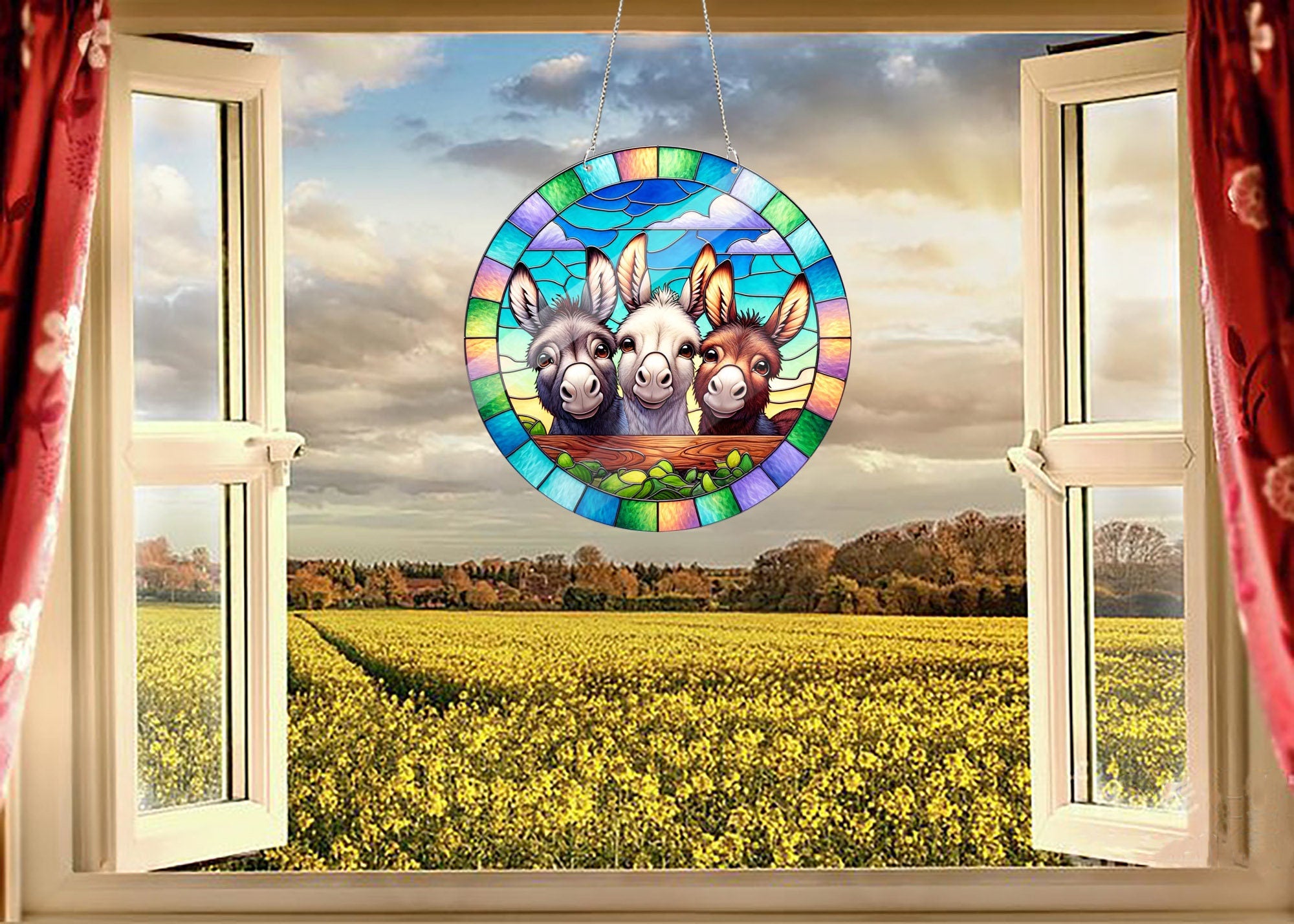 3 peeking donkeys ACRYLIC window hanging, Farmhouse Window Hangings, Donkey lovers gift, Housewarming gift, not suncatcher