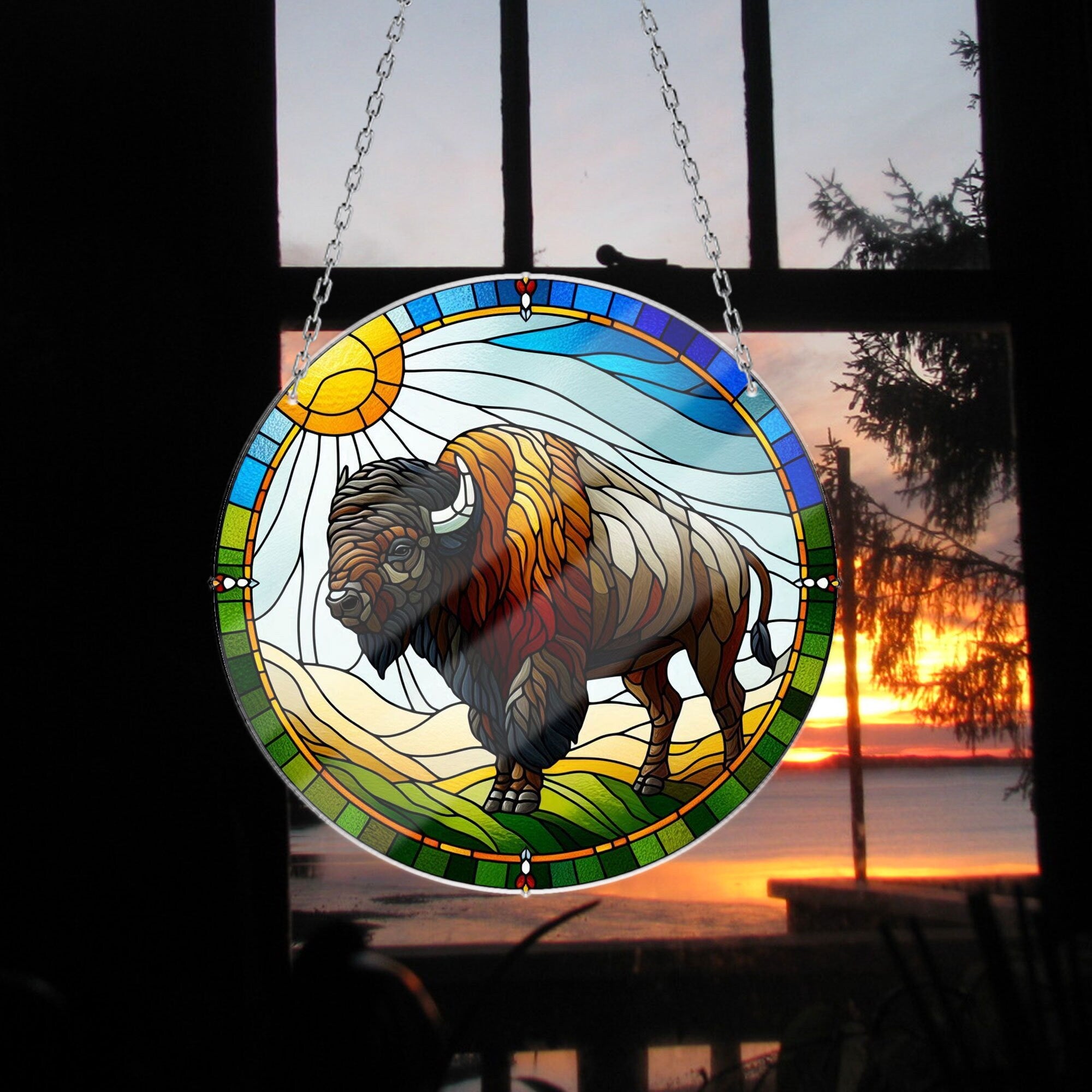 Elegant and Vibrant Bison ACRYLIC window hanging with Metal Chain - Brighten Your Space, Bison Home Decor, Bison Lovers Gift, farm house