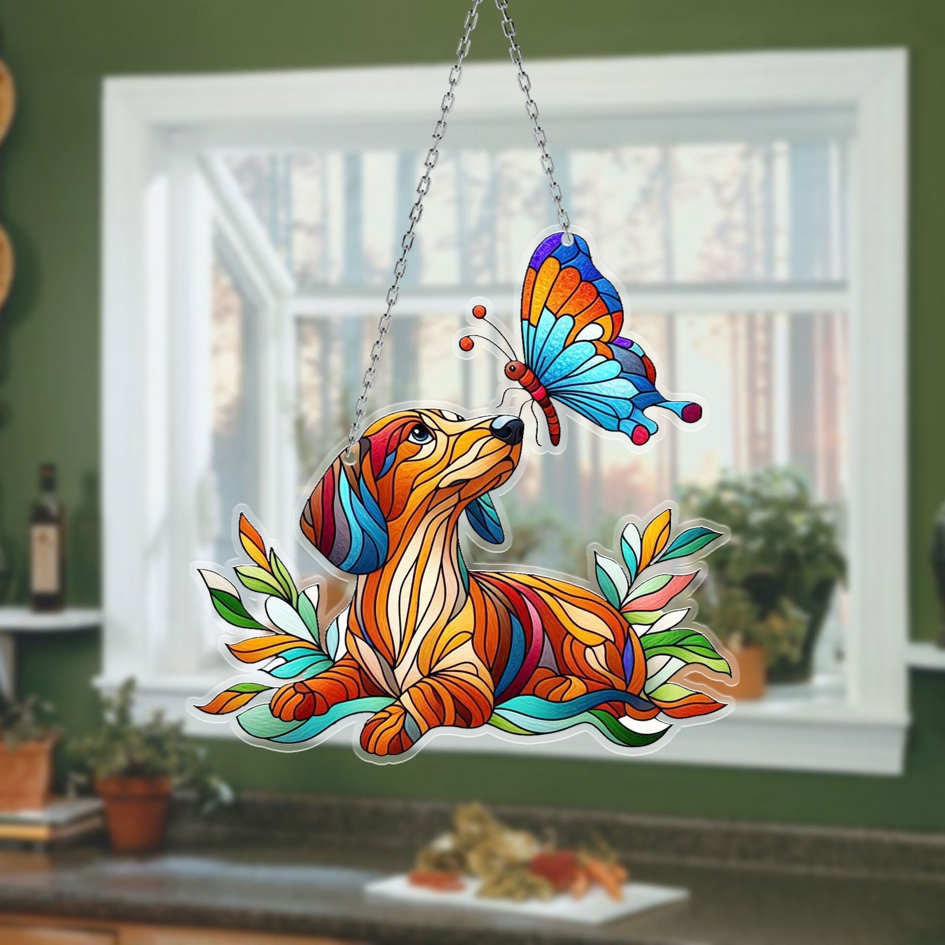 Dachshund and Butterfly Window Hanging, Dog Mom Gift, Dog Lover Gift, Dachshund ACRYLIC Window Hanging, Dachshund Lover Gift, Garden Sign