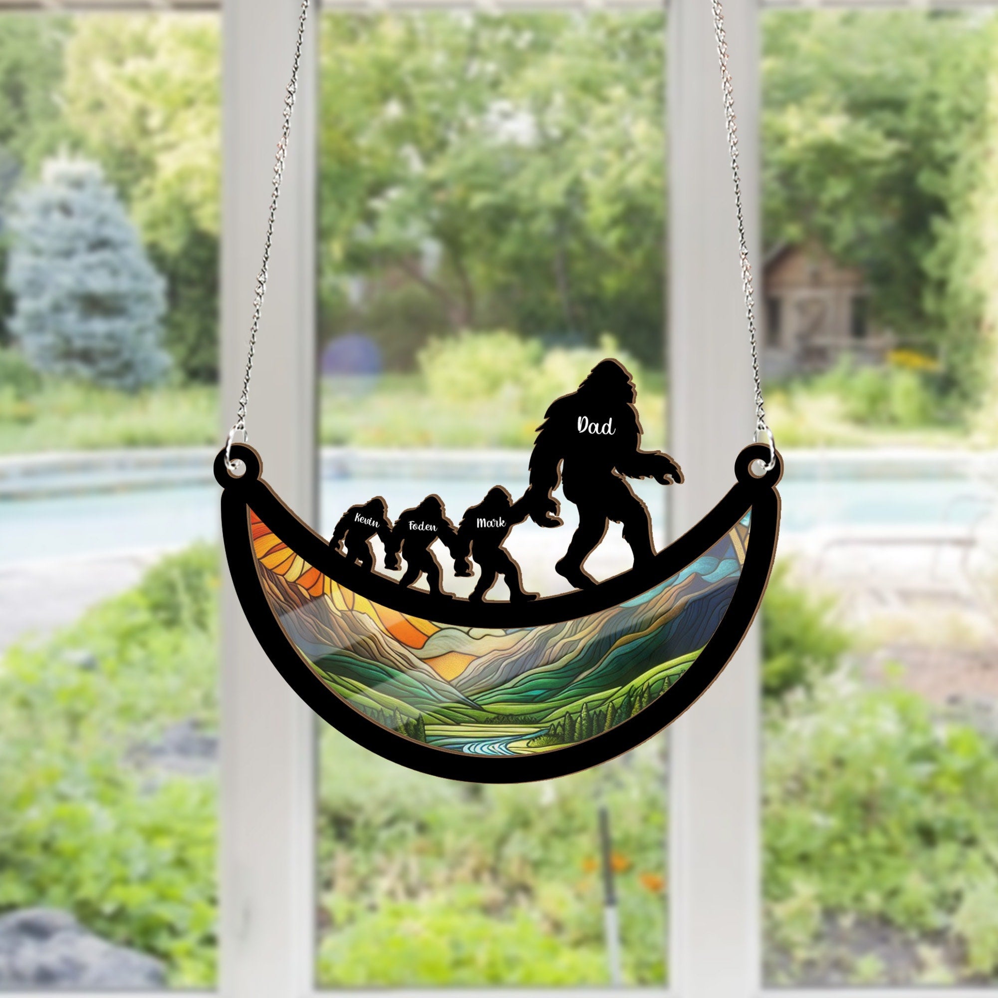 Personalized Bigfoot dad Suncatcher Ornament, Daddy and kids names, Father's day gift, Bigfoot squach Suncatcher, unique gift for dad